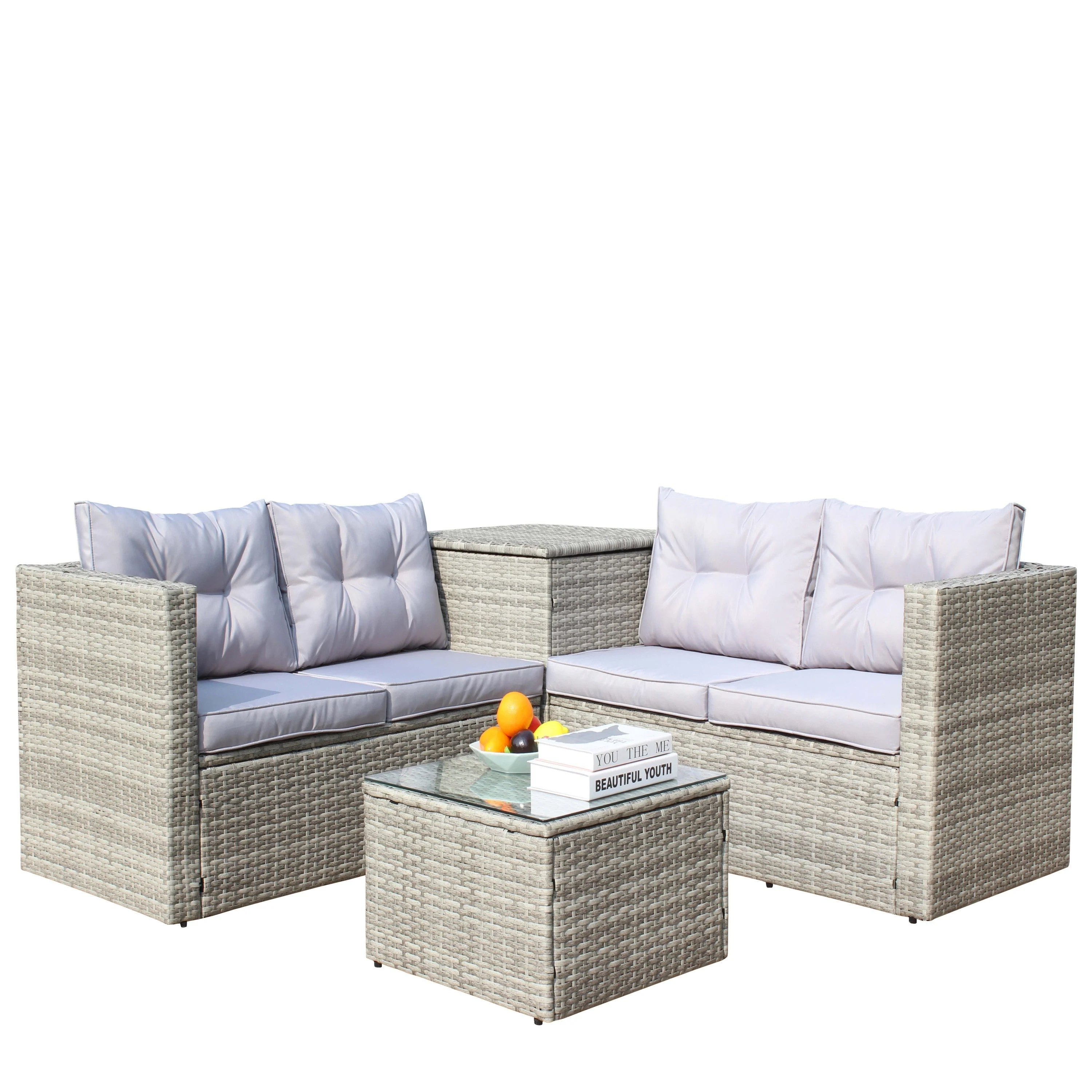 4 Piece Patio Sectional Wicker Rattan Outdoor Furniture Sofa Set with Storage Box Grey - Image 10