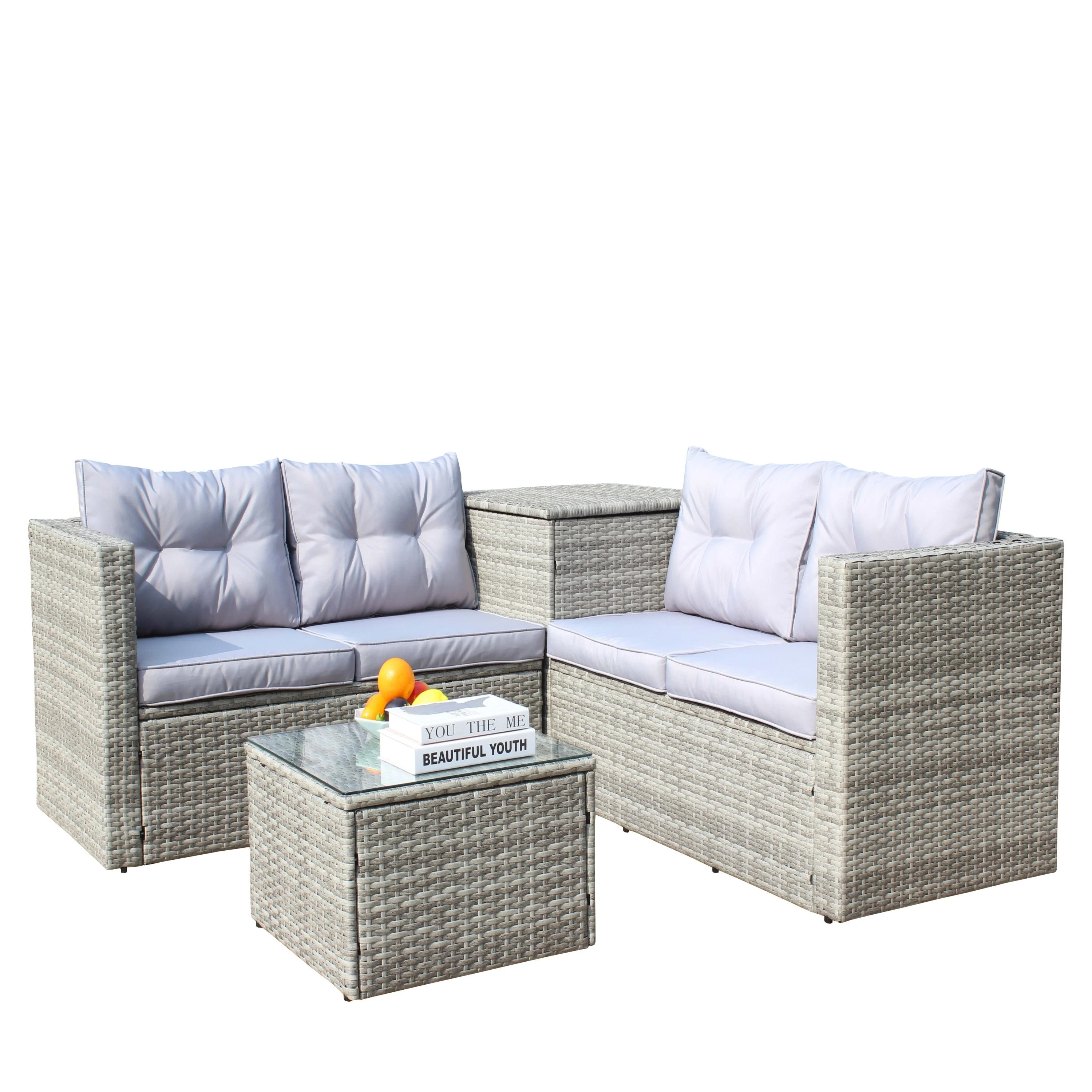 4 Piece Patio Sectional Wicker Rattan Outdoor Furniture Sofa Set with Storage Box Grey - Image 11
