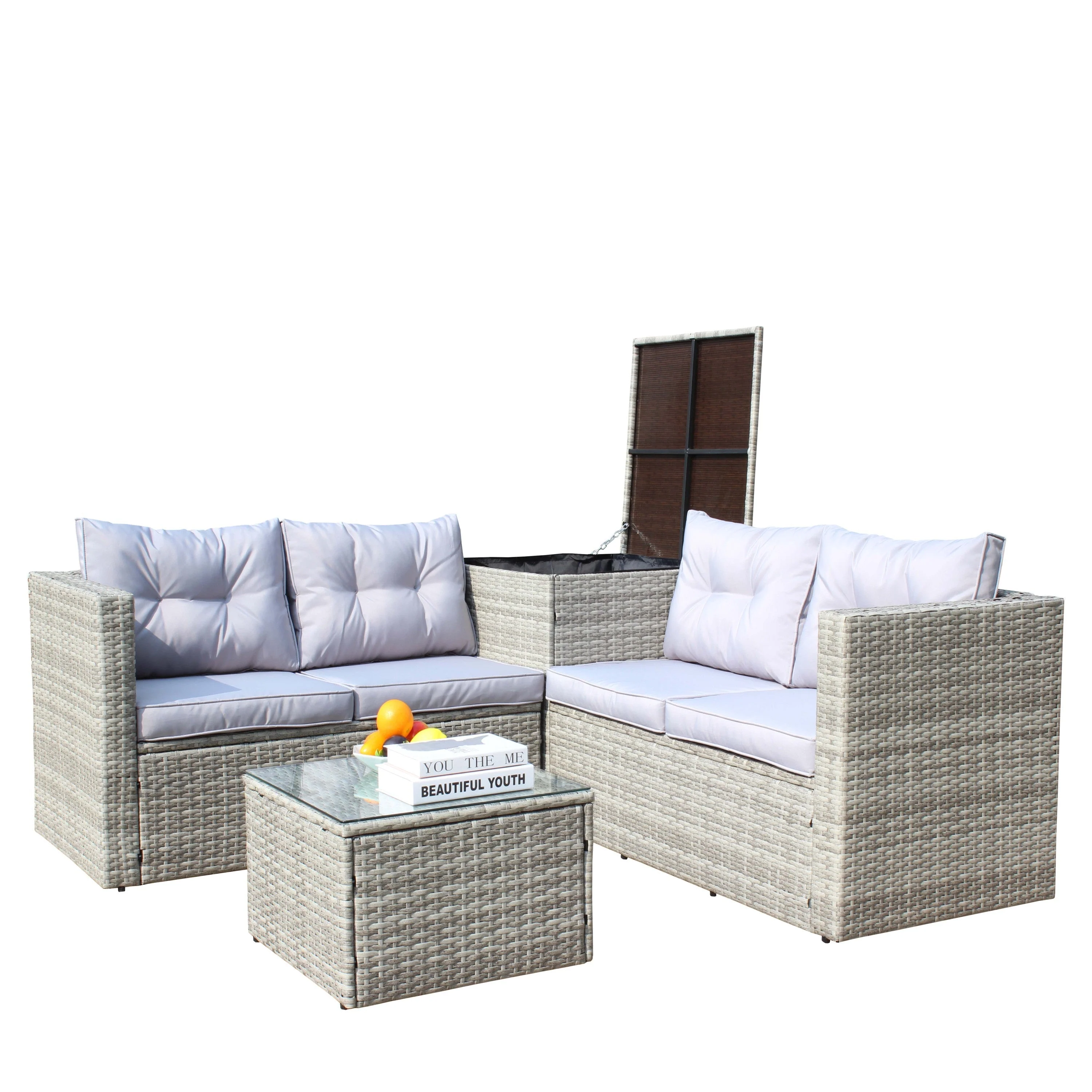 4 Piece Patio Sectional Wicker Rattan Outdoor Furniture Sofa Set with Storage Box Grey - Image 12