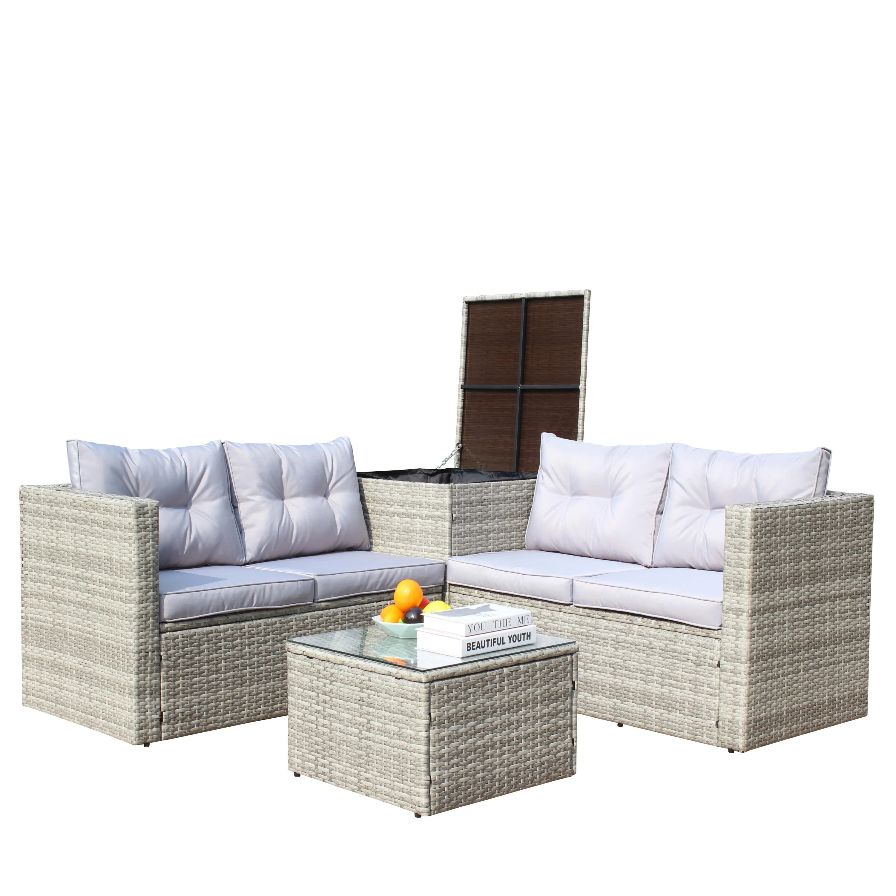 4 Piece Patio Sectional Wicker Rattan Outdoor Furniture Sofa Set with Storage Box Grey - Image 13
