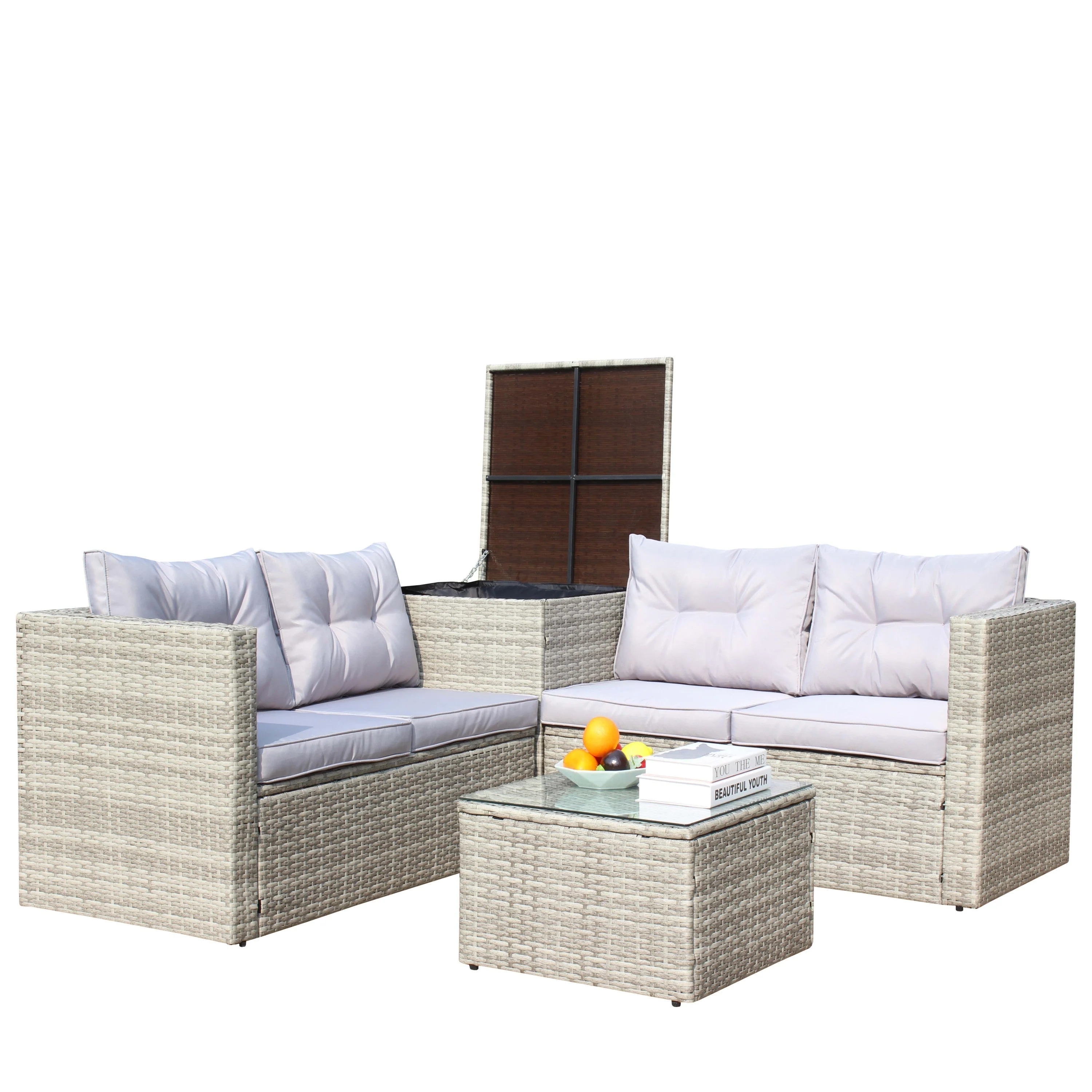 4 Piece Patio Sectional Wicker Rattan Outdoor Furniture Sofa Set with Storage Box Grey - Image 14