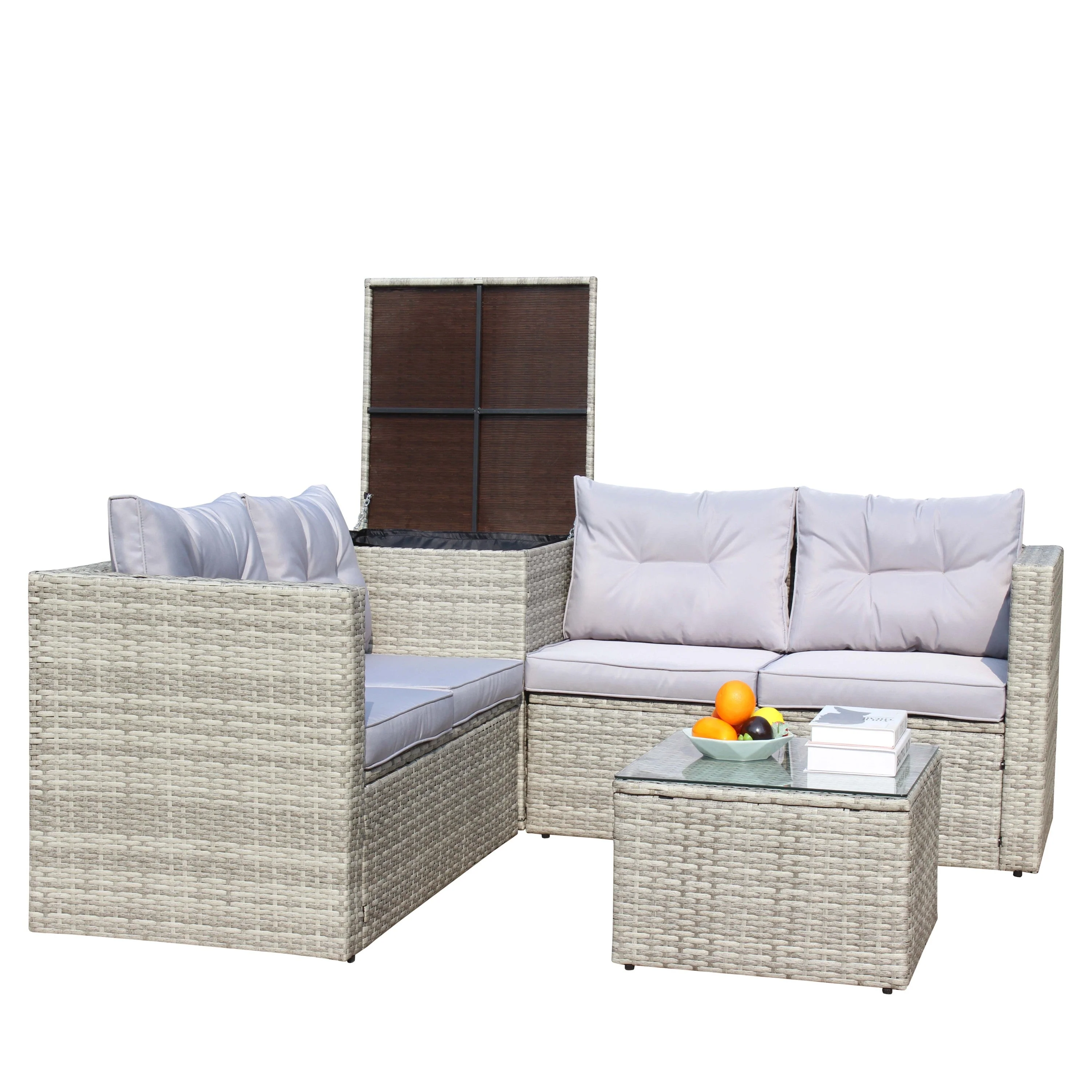4 Piece Patio Sectional Wicker Rattan Outdoor Furniture Sofa Set with Storage Box Grey - Image 15