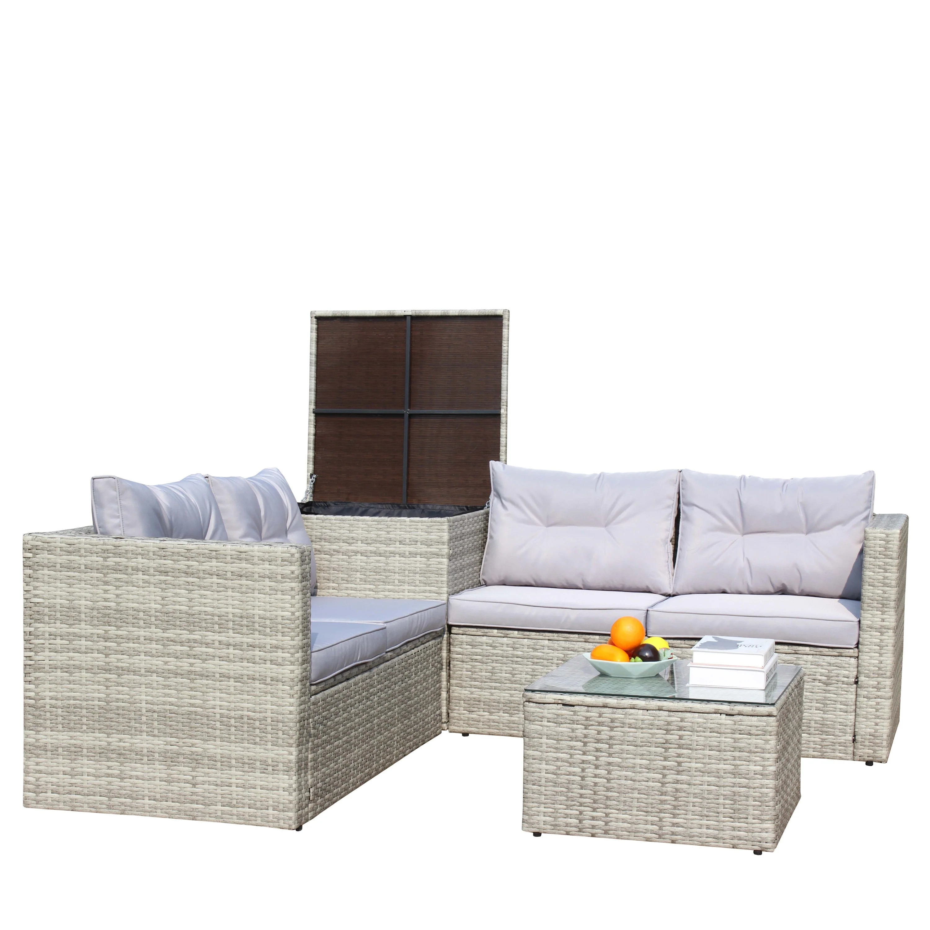 4 Piece Patio Sectional Wicker Rattan Outdoor Furniture Sofa Set with Storage Box Grey - Image 16