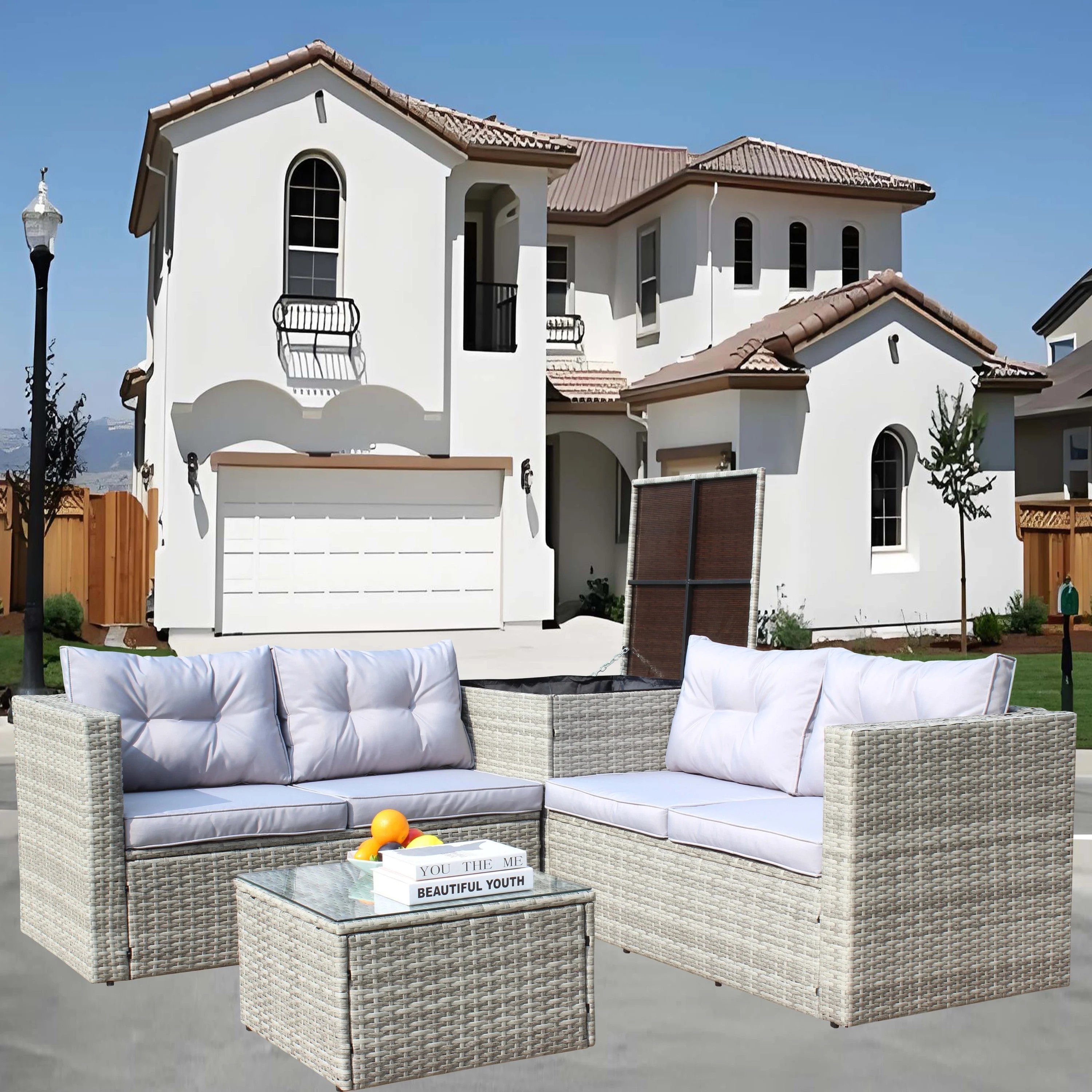 4 Piece Patio Sectional Wicker Rattan Outdoor Furniture Sofa Set with Storage Box Grey - Image 2