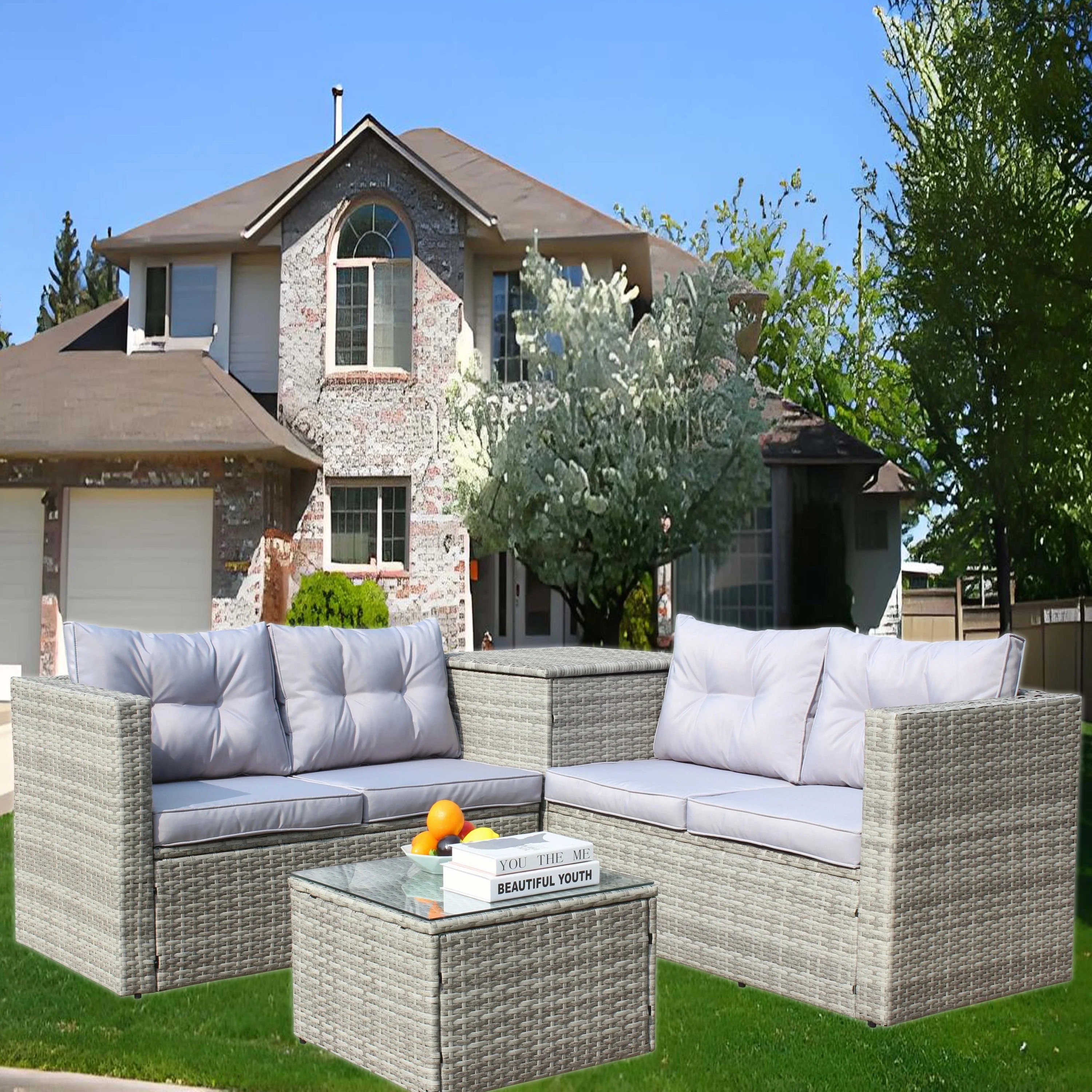 4 Piece Patio Sectional Wicker Rattan Outdoor Furniture Sofa Set with Storage Box Grey - Image 3