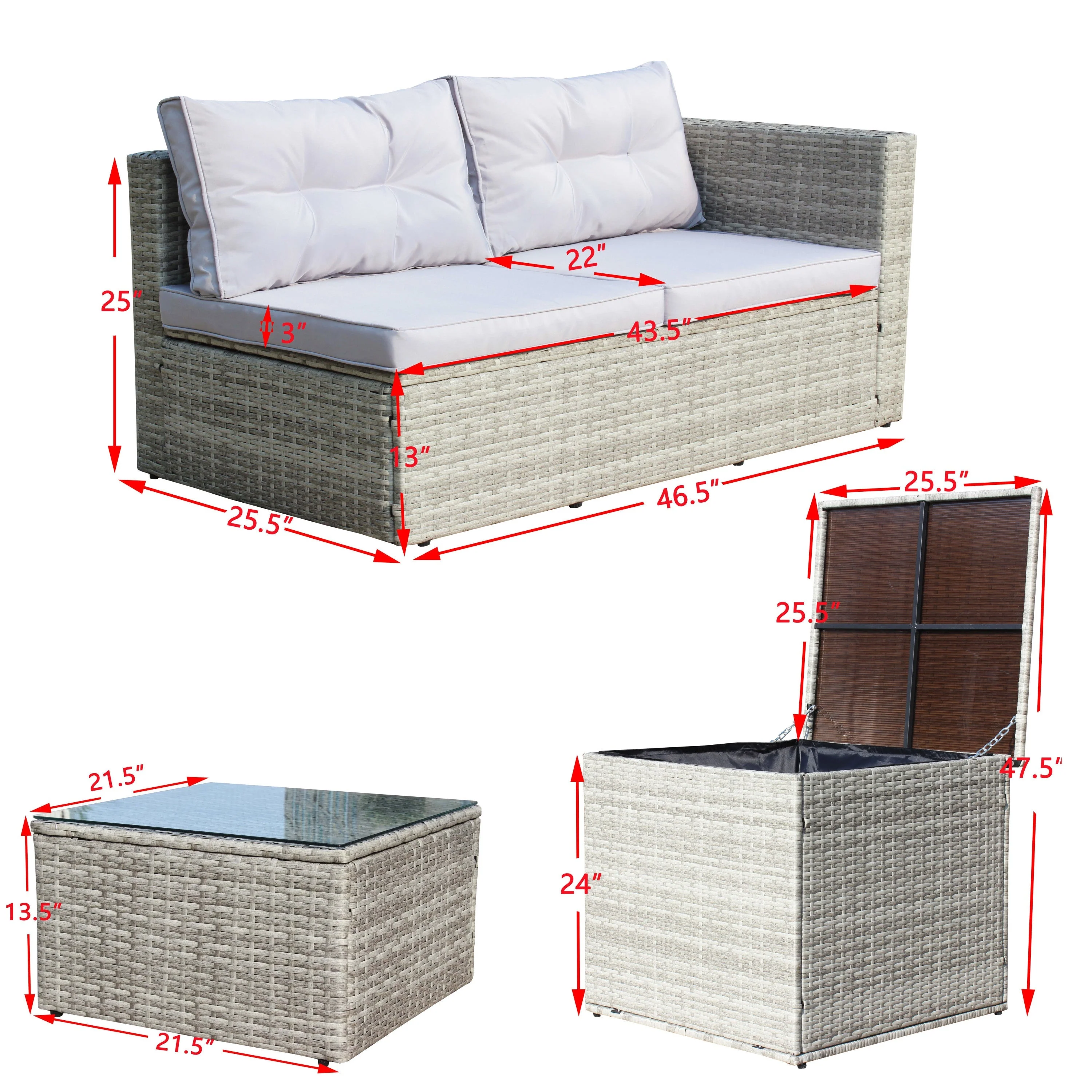 4 Piece Patio Sectional Wicker Rattan Outdoor Furniture Sofa Set with Storage Box Grey - Image 4