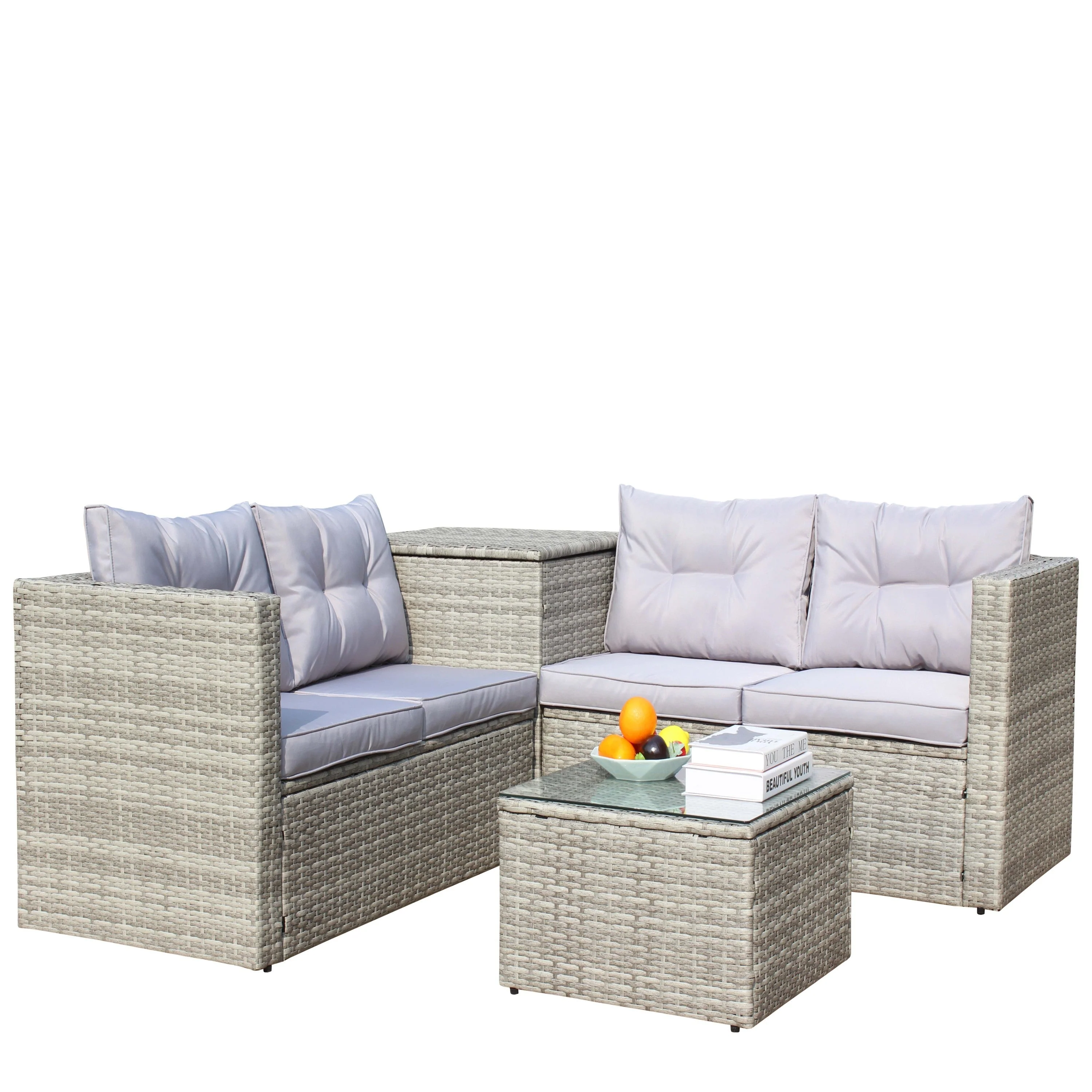 4 Piece Patio Sectional Wicker Rattan Outdoor Furniture Sofa Set with Storage Box Grey - Image 5