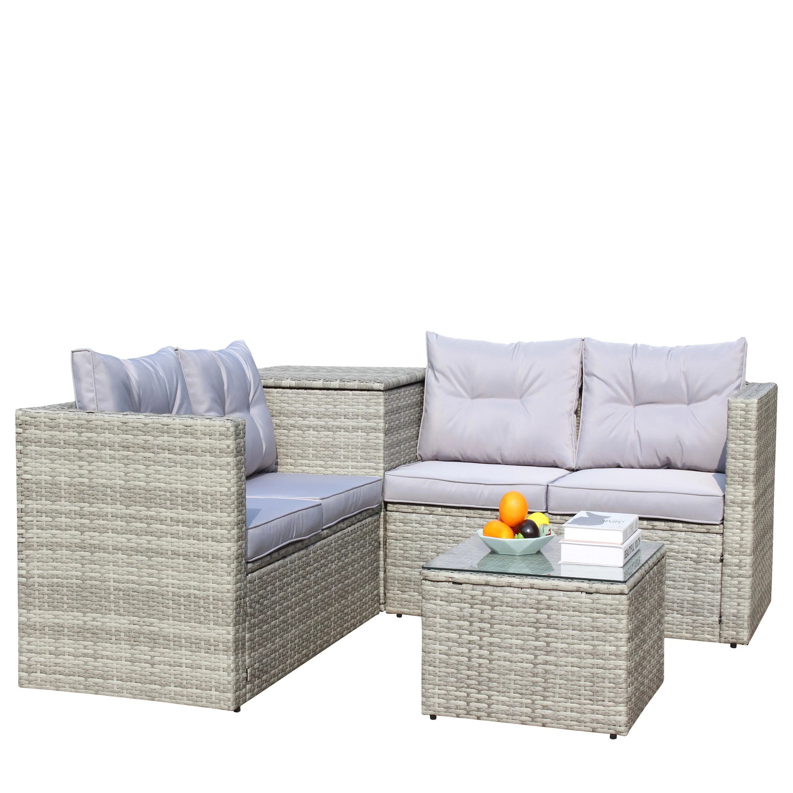 4 Piece Patio Sectional Wicker Rattan Outdoor Furniture Sofa Set with Storage Box Grey - Image 6