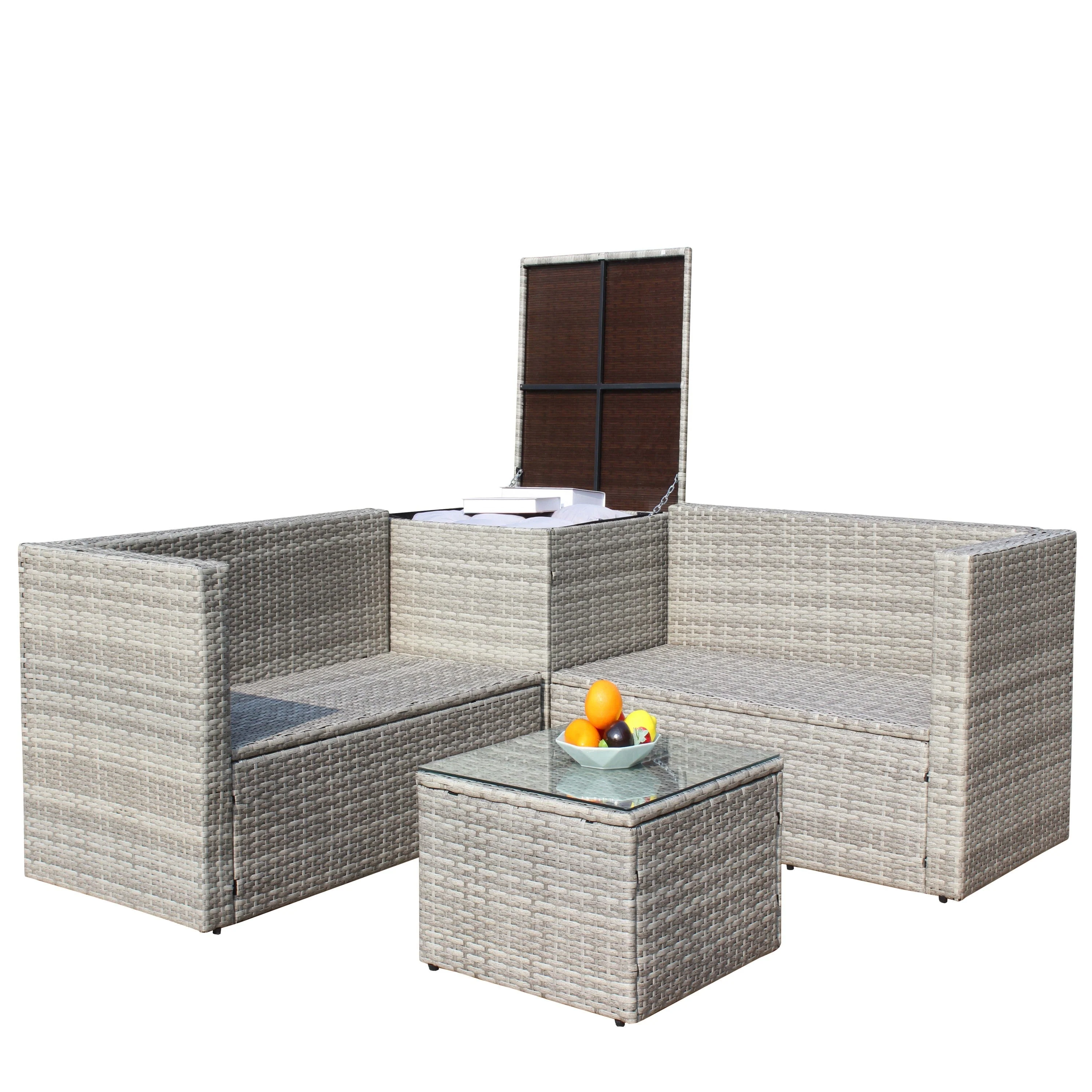4 Piece Patio Sectional Wicker Rattan Outdoor Furniture Sofa Set with Storage Box Grey - Image 7