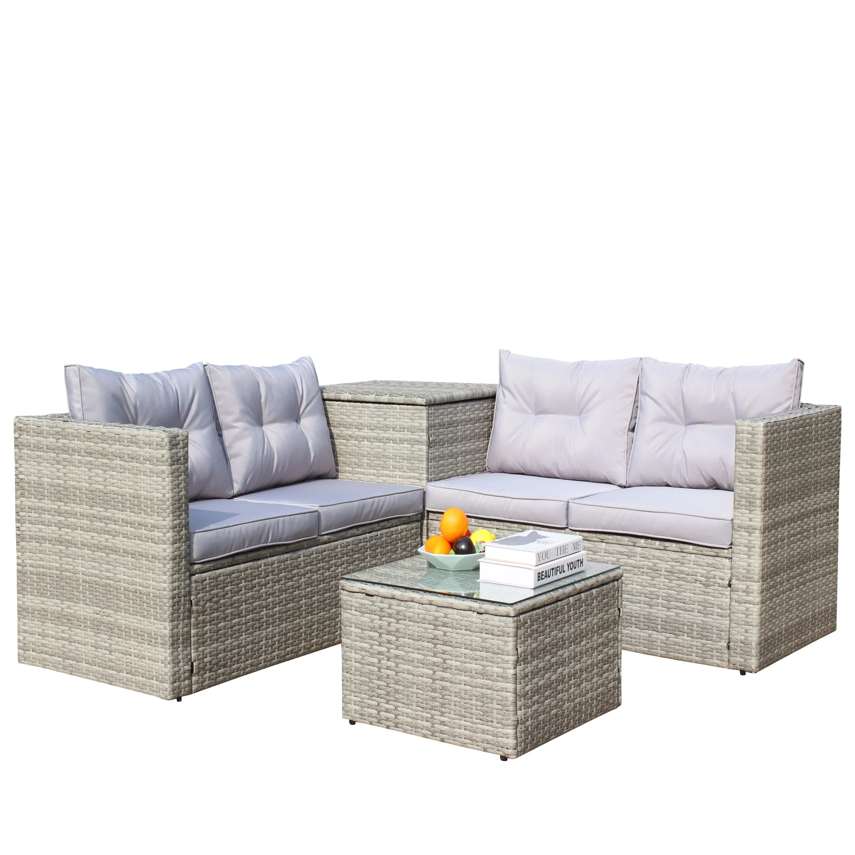 4 Piece Patio Sectional Wicker Rattan Outdoor Furniture Sofa Set with Storage Box Grey - Image 8