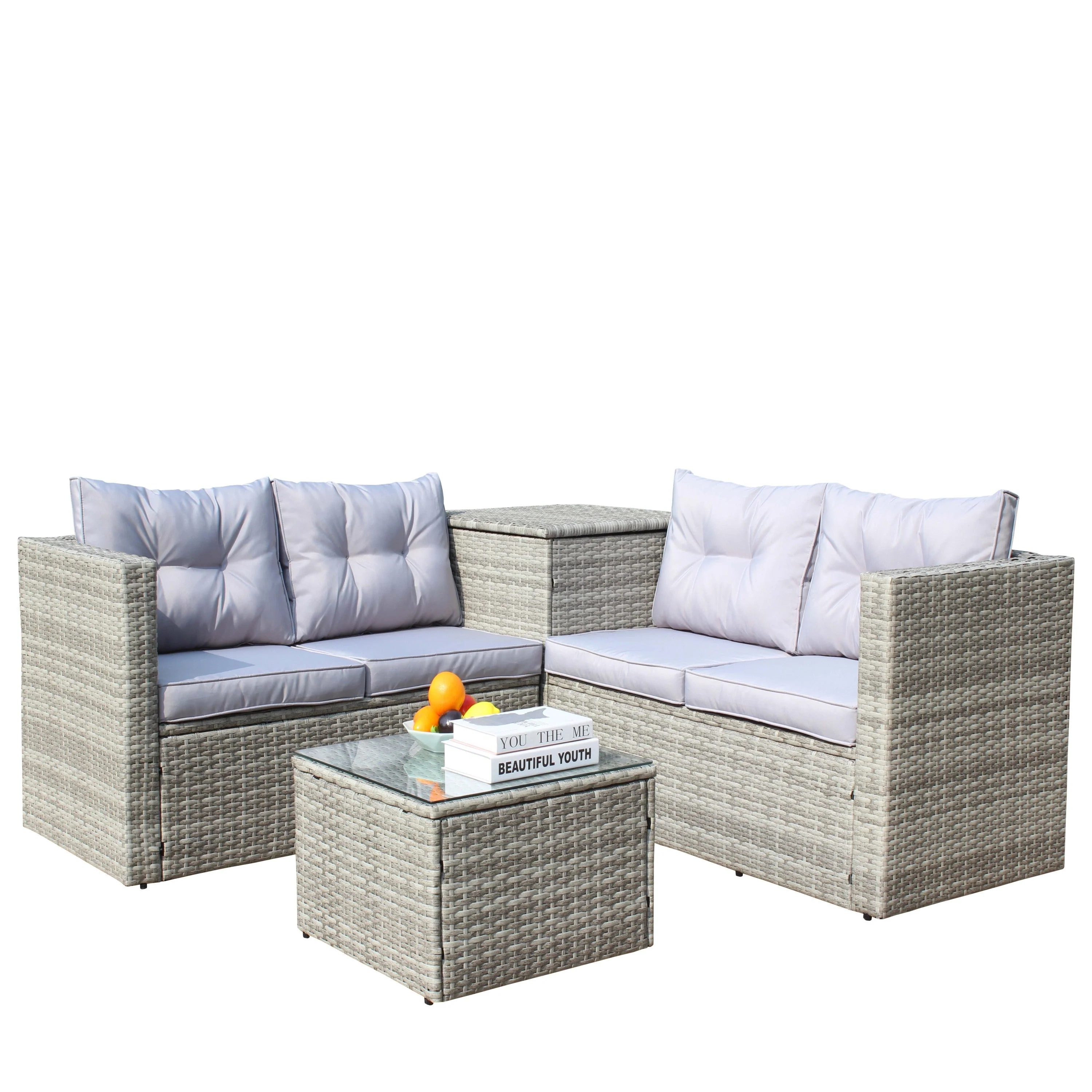 4 Piece Patio Sectional Wicker Rattan Outdoor Furniture Sofa Set with Storage Box Grey - Image 9
