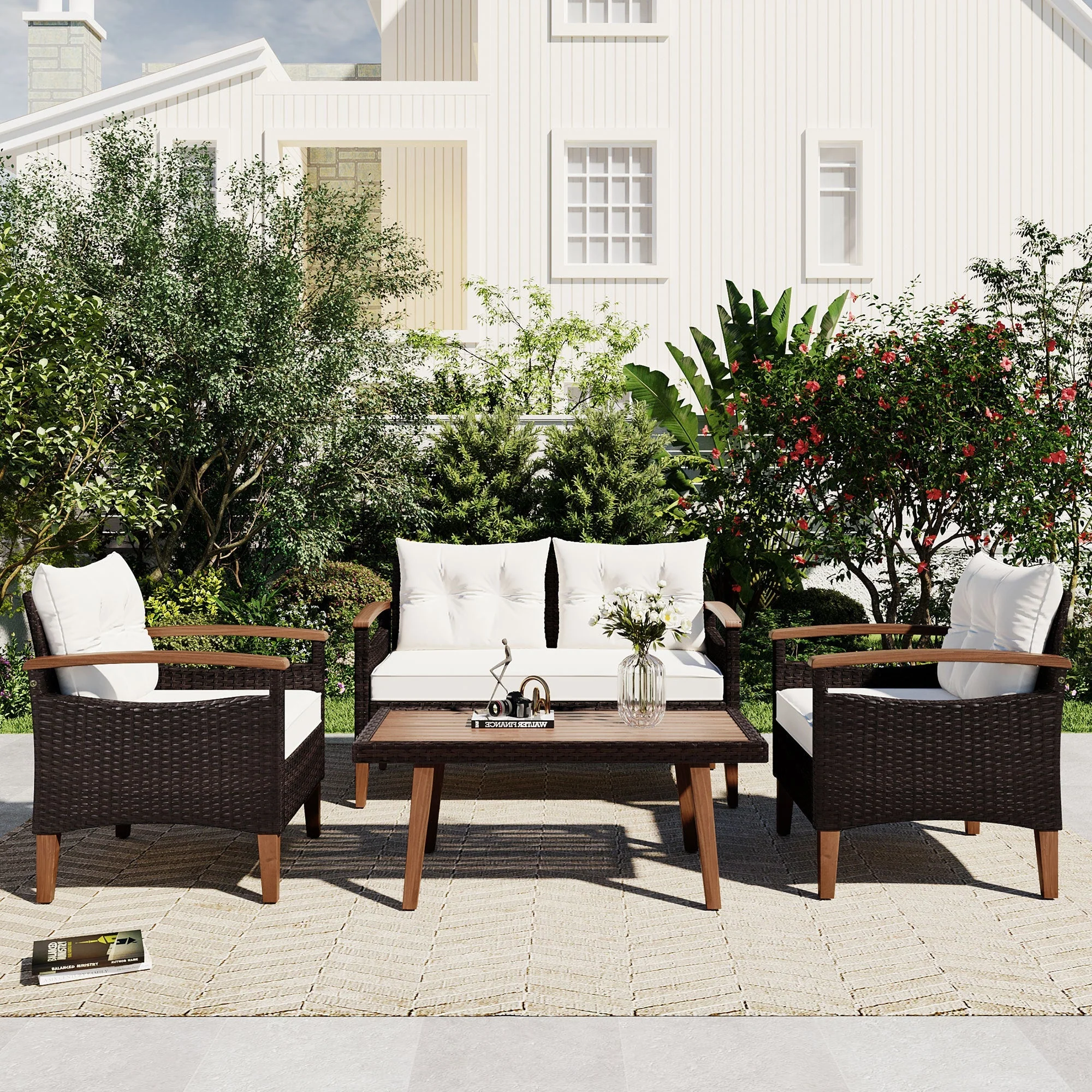 4 Piece PE Rattan Outdoor Sofa Set with Wood Table and Legs - Image 2