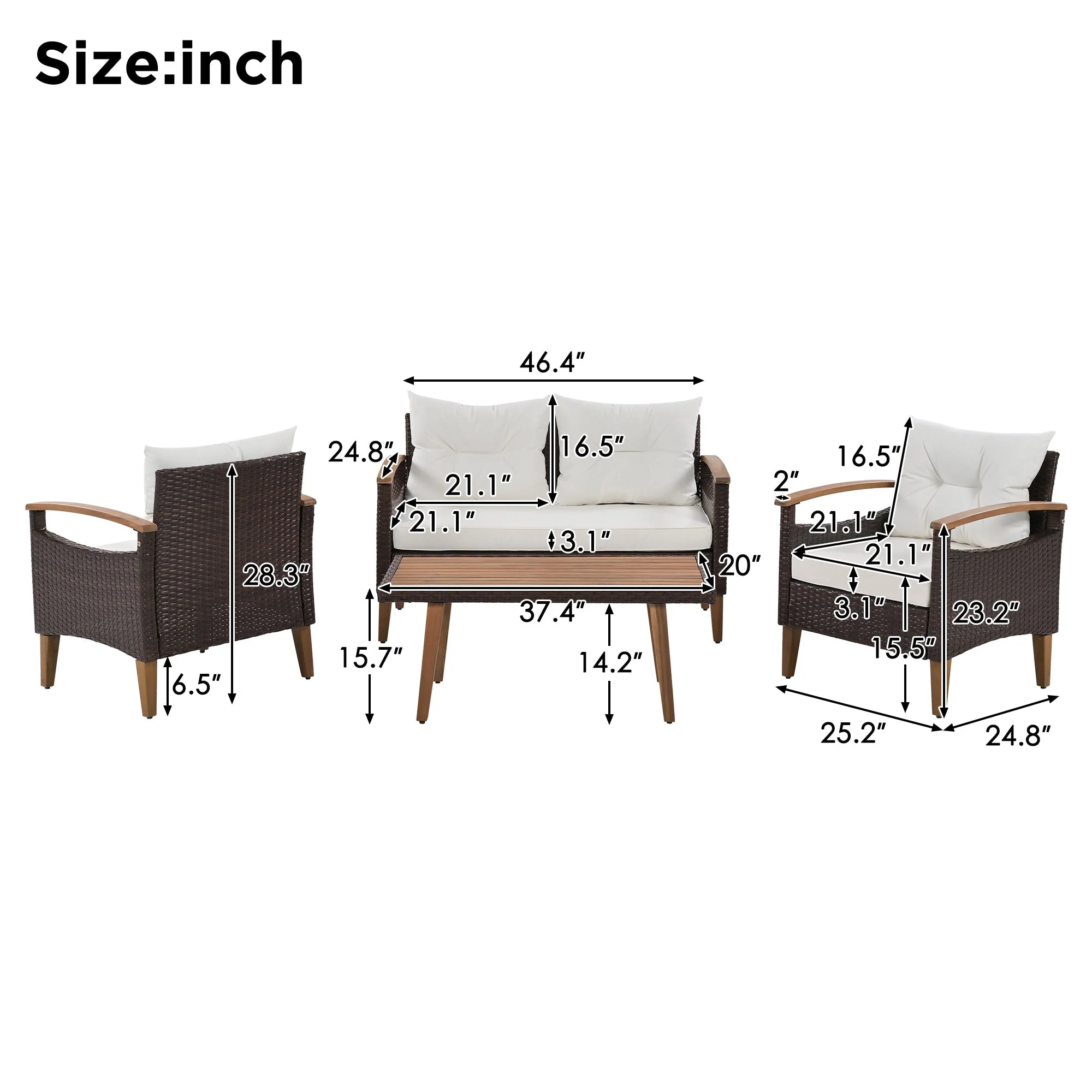 4 Piece PE Rattan Outdoor Sofa Set with Wood Table and Legs - Image 3