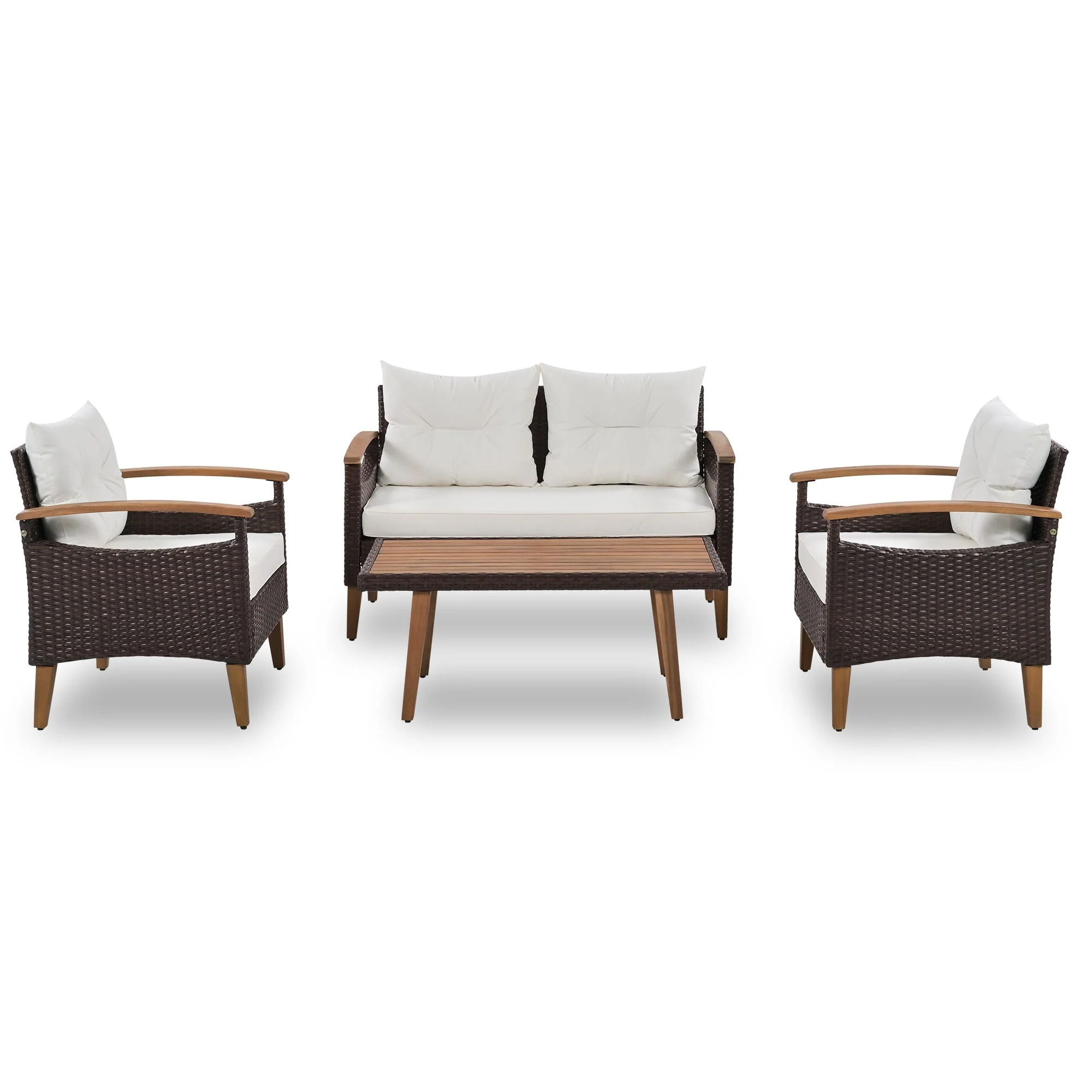 4 Piece PE Rattan Outdoor Sofa Set with Wood Table and Legs - Image 4