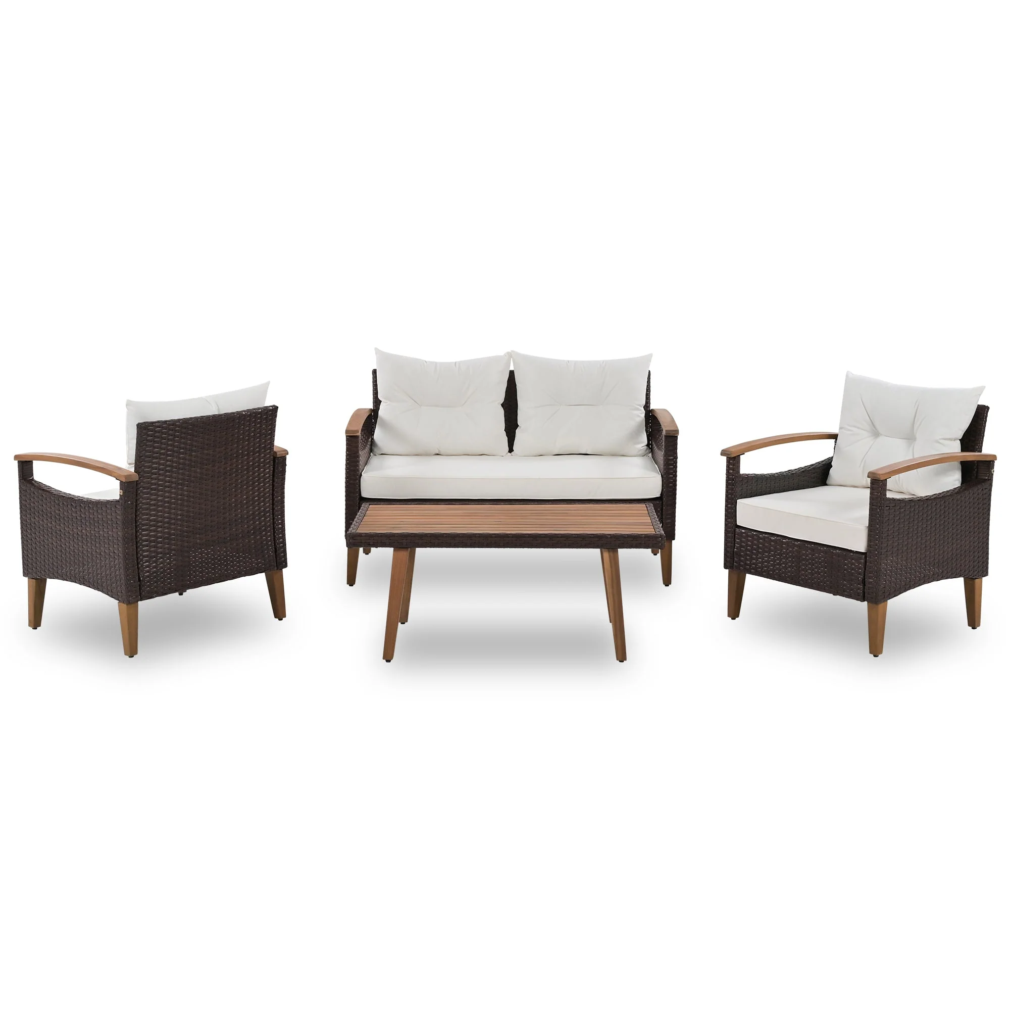 4 Piece PE Rattan Outdoor Sofa Set with Wood Table and Legs - Image 5