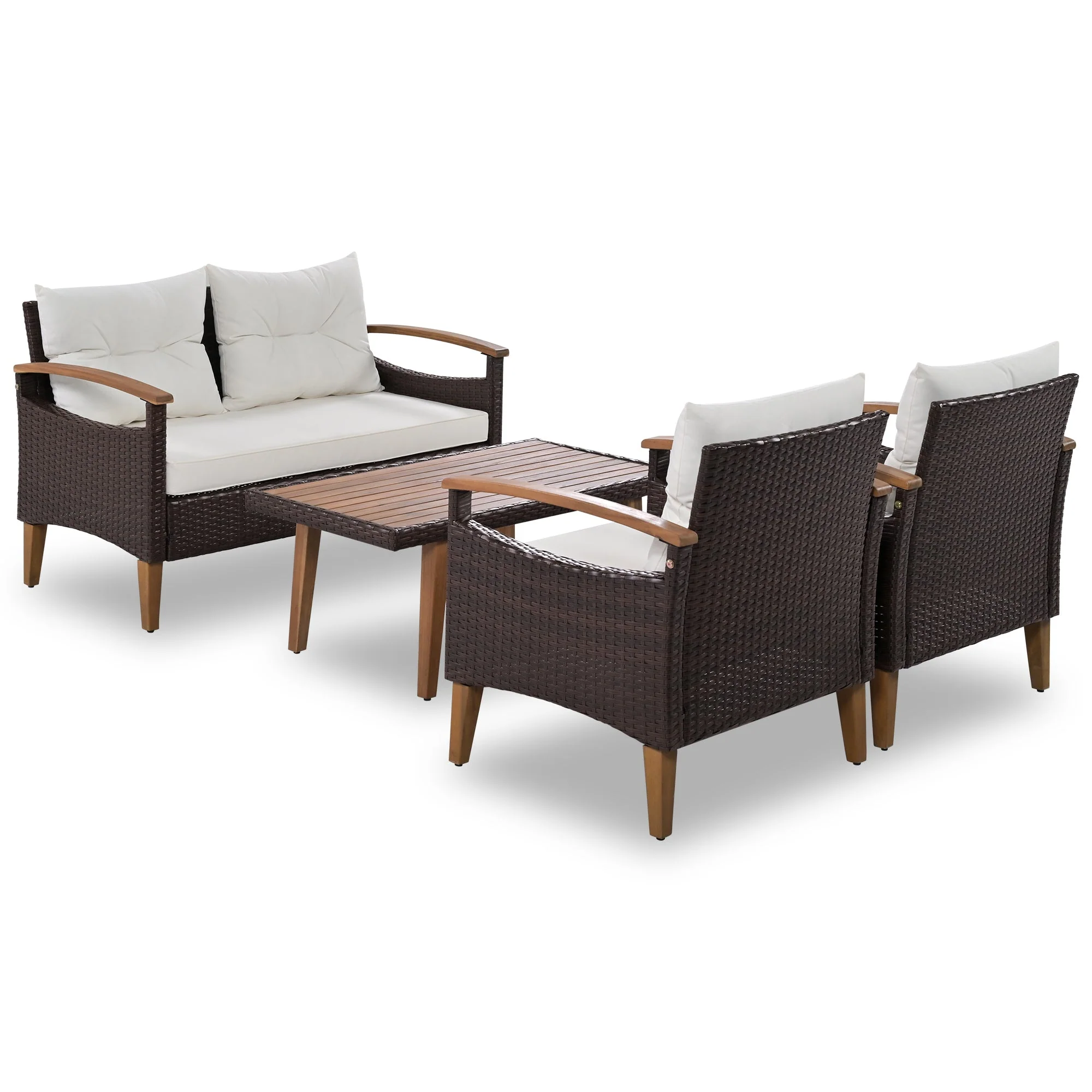 4 Piece PE Rattan Outdoor Sofa Set with Wood Table and Legs - Image 6