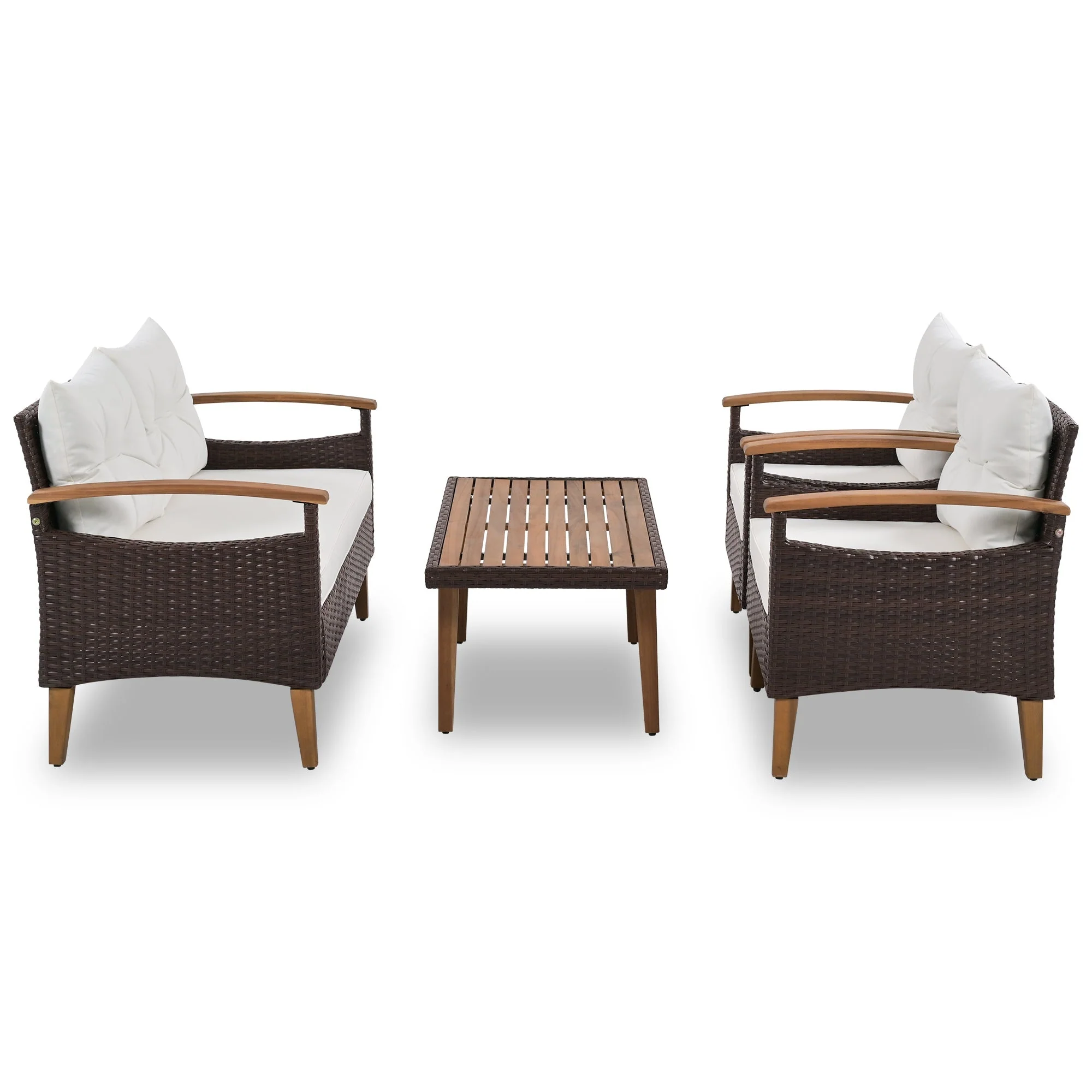 4 Piece PE Rattan Outdoor Sofa Set with Wood Table and Legs - Image 7