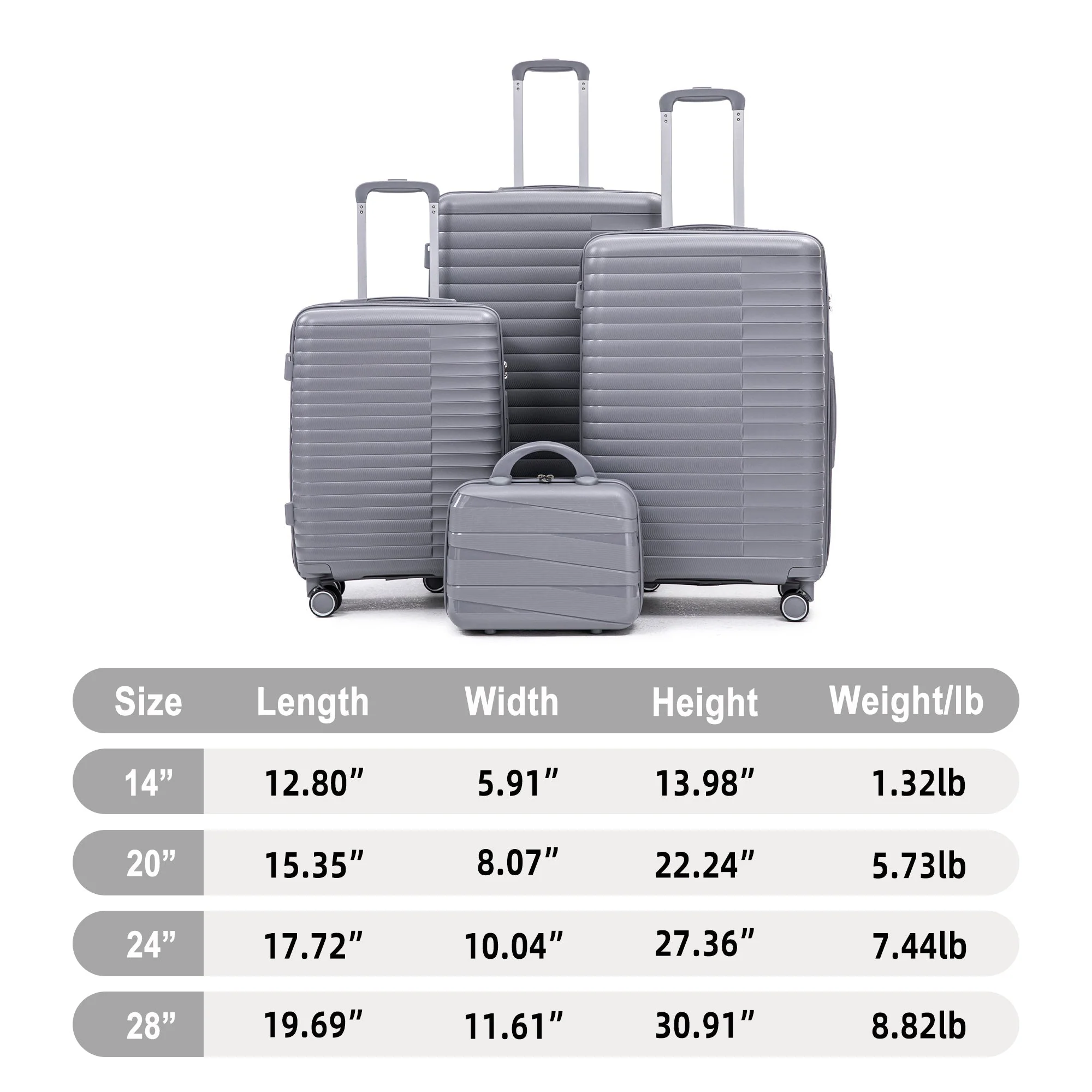 4-Piece PP Spinner Wheel Luggage Set with Cosmetic Case, Light Gray - Image 2