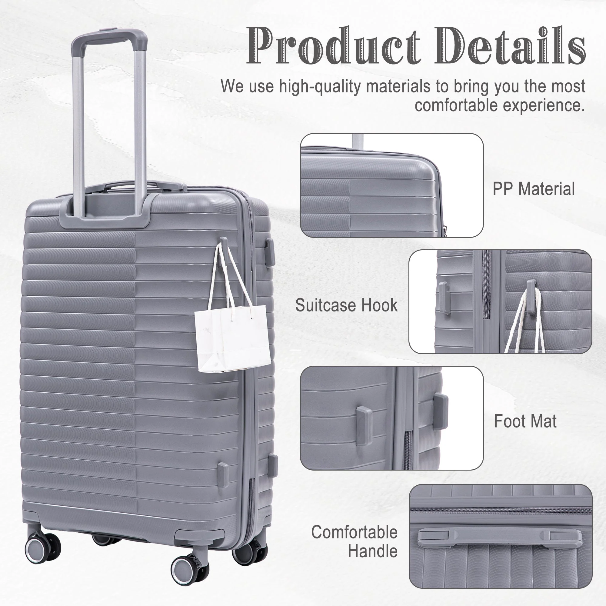 4-Piece PP Spinner Wheel Luggage Set with Cosmetic Case, Light Gray - Image 4