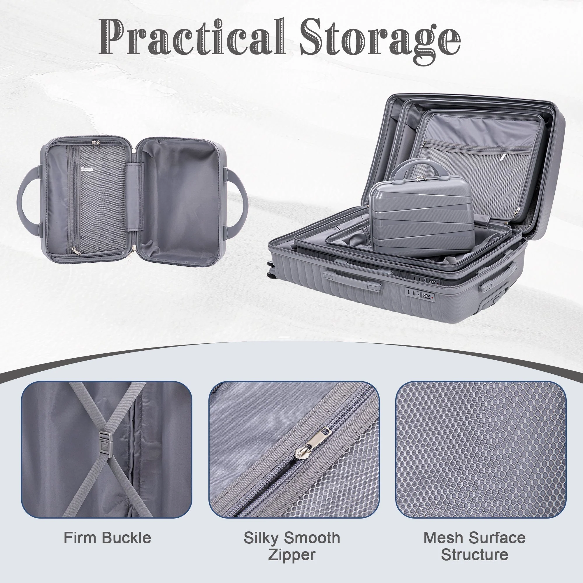 4-Piece PP Spinner Wheel Luggage Set with Cosmetic Case, Light Gray - Image 8
