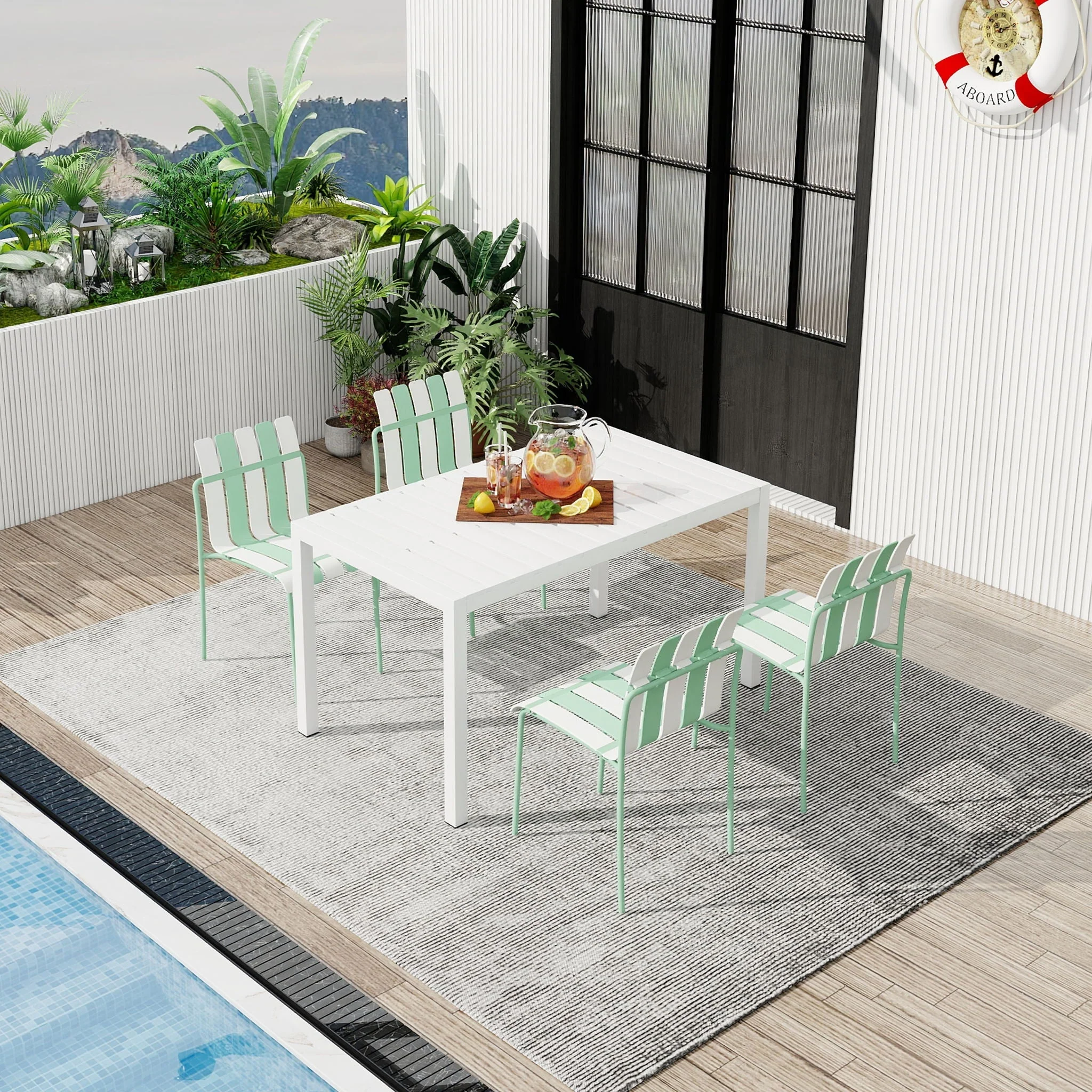 4 Piece Set Of Modern Color Block Designed Single Chairs With Long Table - Image 3