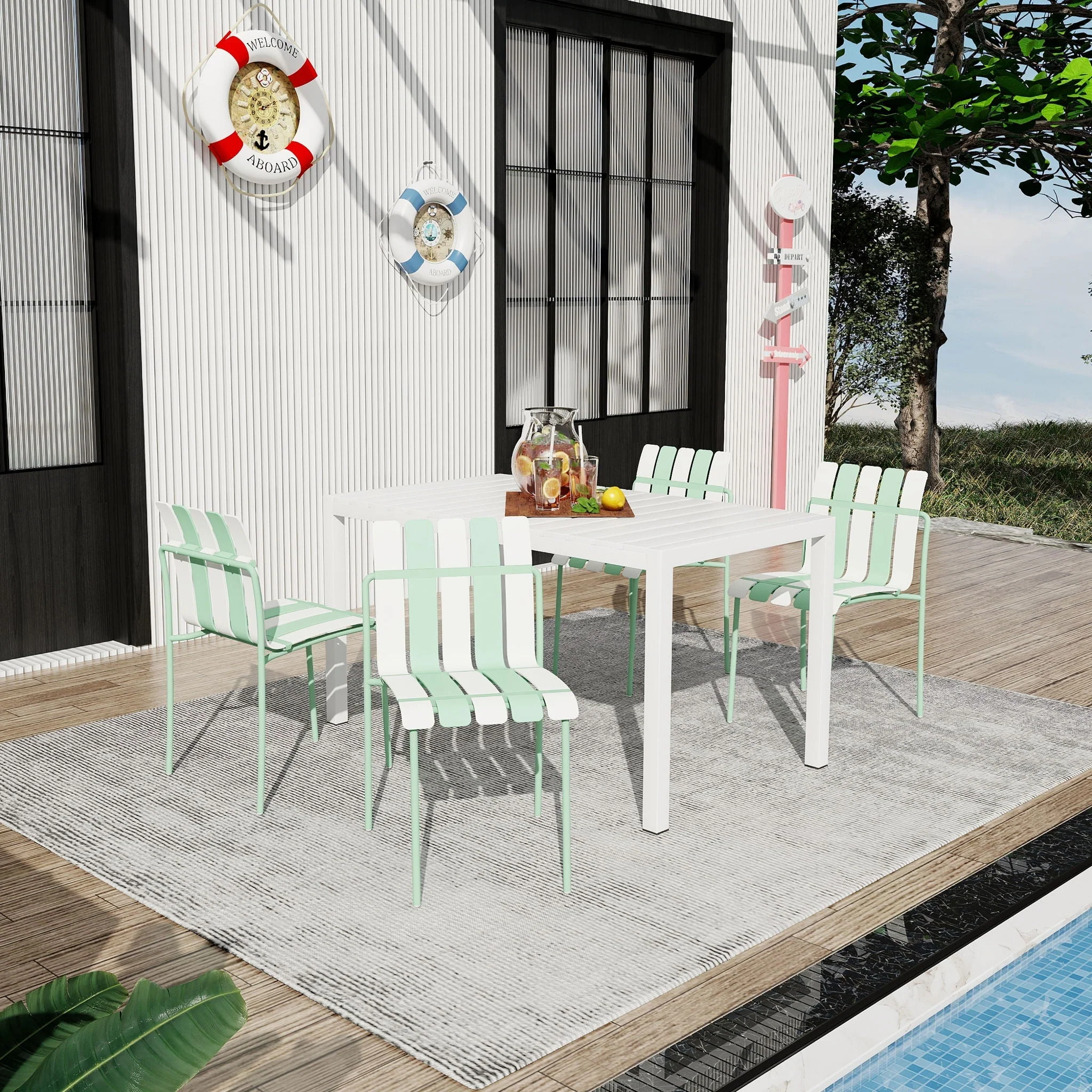4 Piece Set Of Modern Color Block Designed Single Chairs With Long Table - Image 4