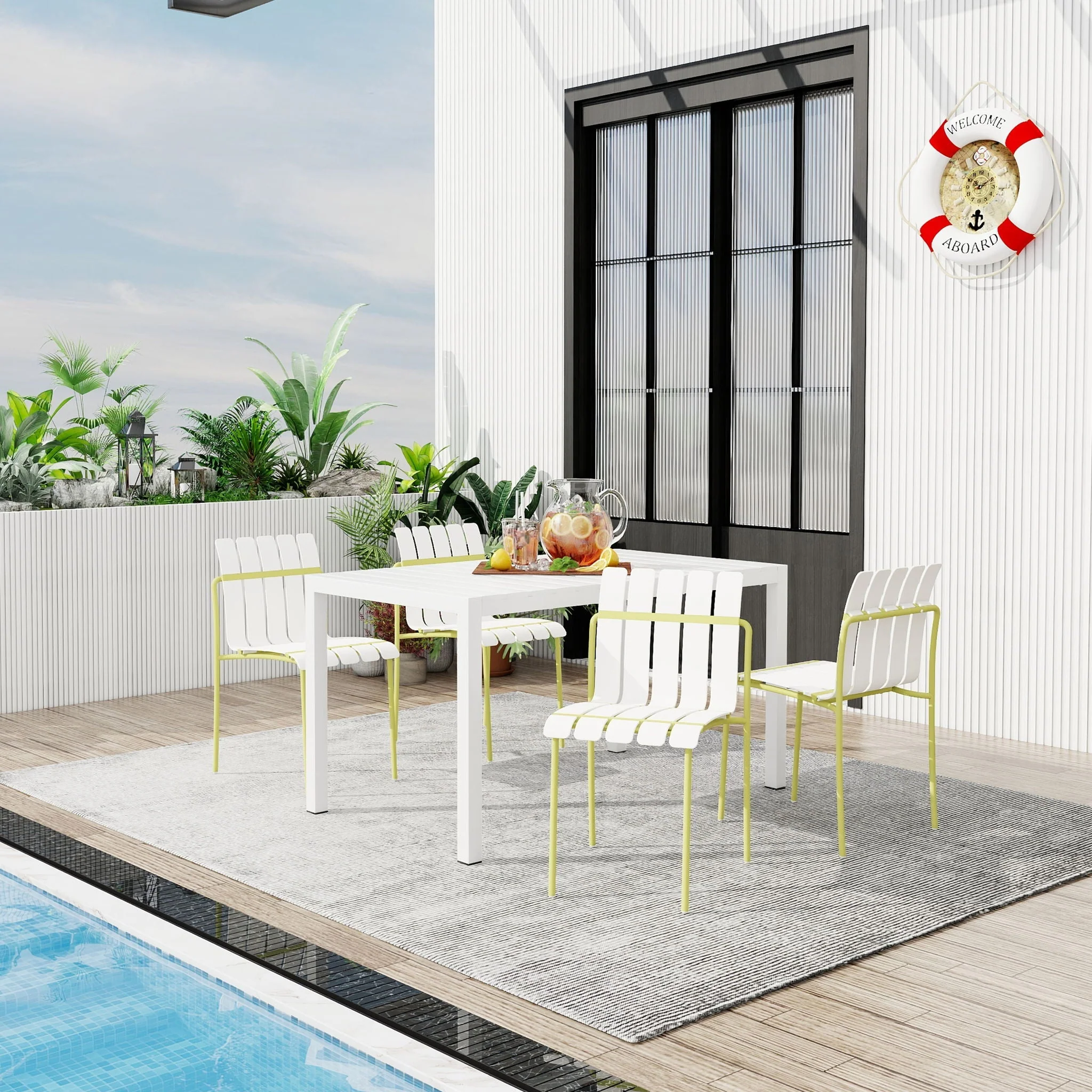 4 Piece Set Of Modern Color Block Designed Single Chairs With Long Table - Image 6