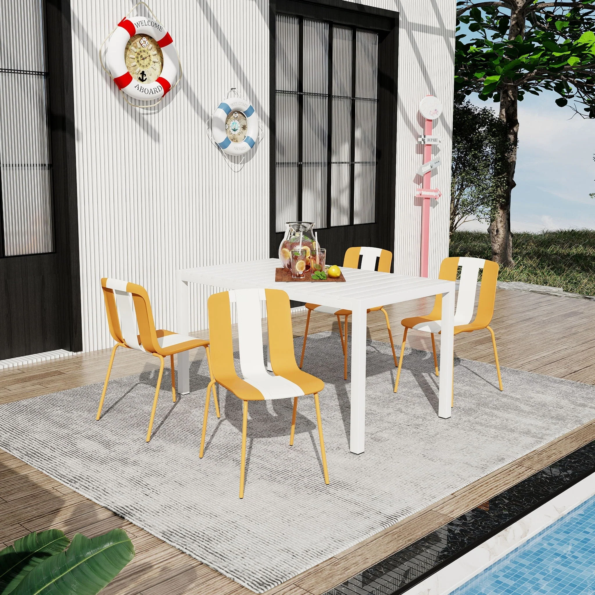 4 Piece Set Of Modern Striped Color- Blocking Single Chairs With Long Table - Image 5