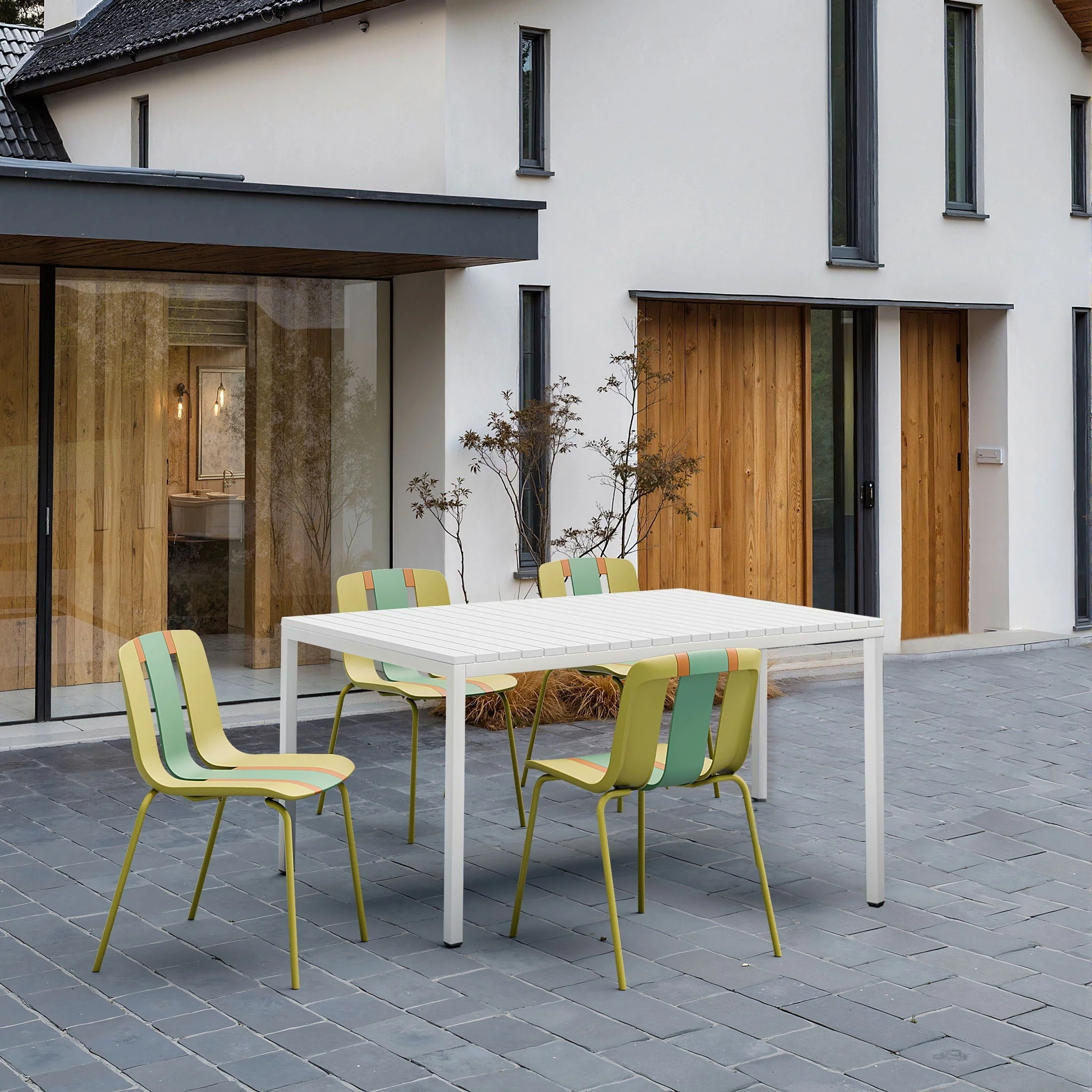 4 Piece Set Of Modern Striped Color- Blocking Single Chairs With Long Table - Image 8