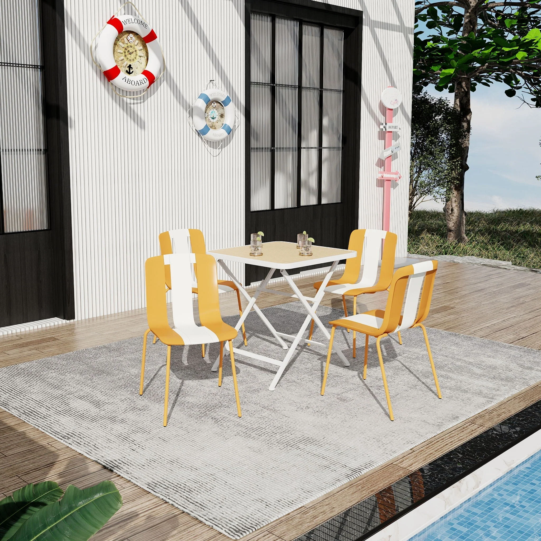 4 Piece Set Of Modern Striped Single Chairs With Folding Square Table - Image 4