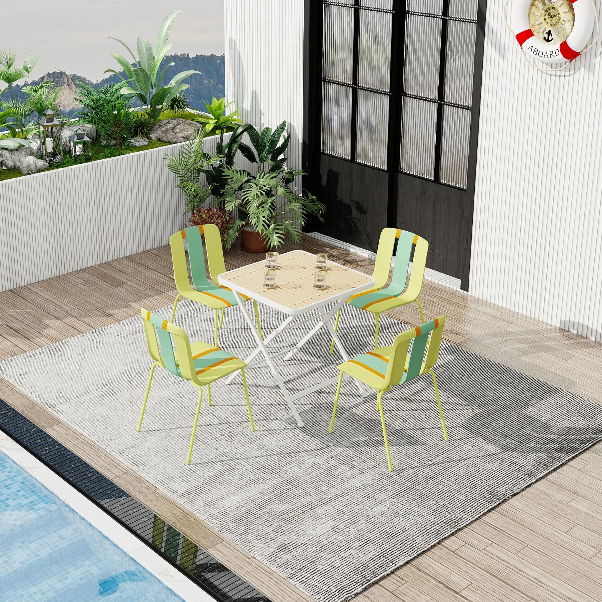 4 Piece Set Of Modern Striped Single Chairs With Folding Square Table - Image 6