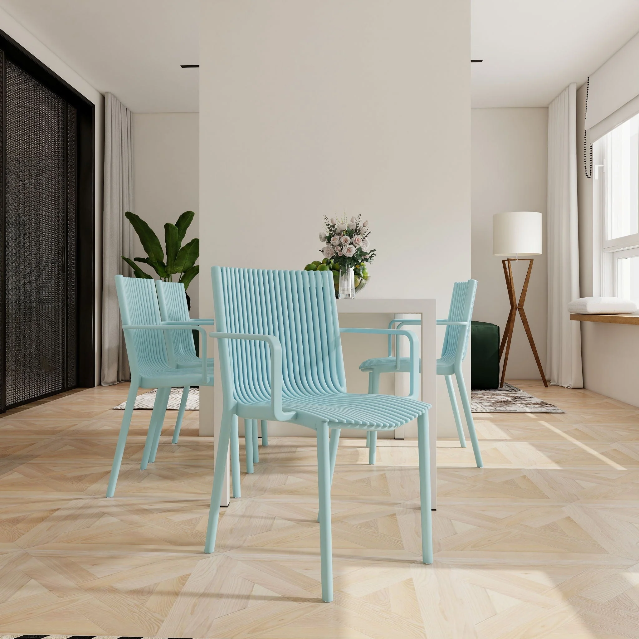 4 Piece Stackable Single Chairs With Vertical Stripe Design For All Weather - Image 4