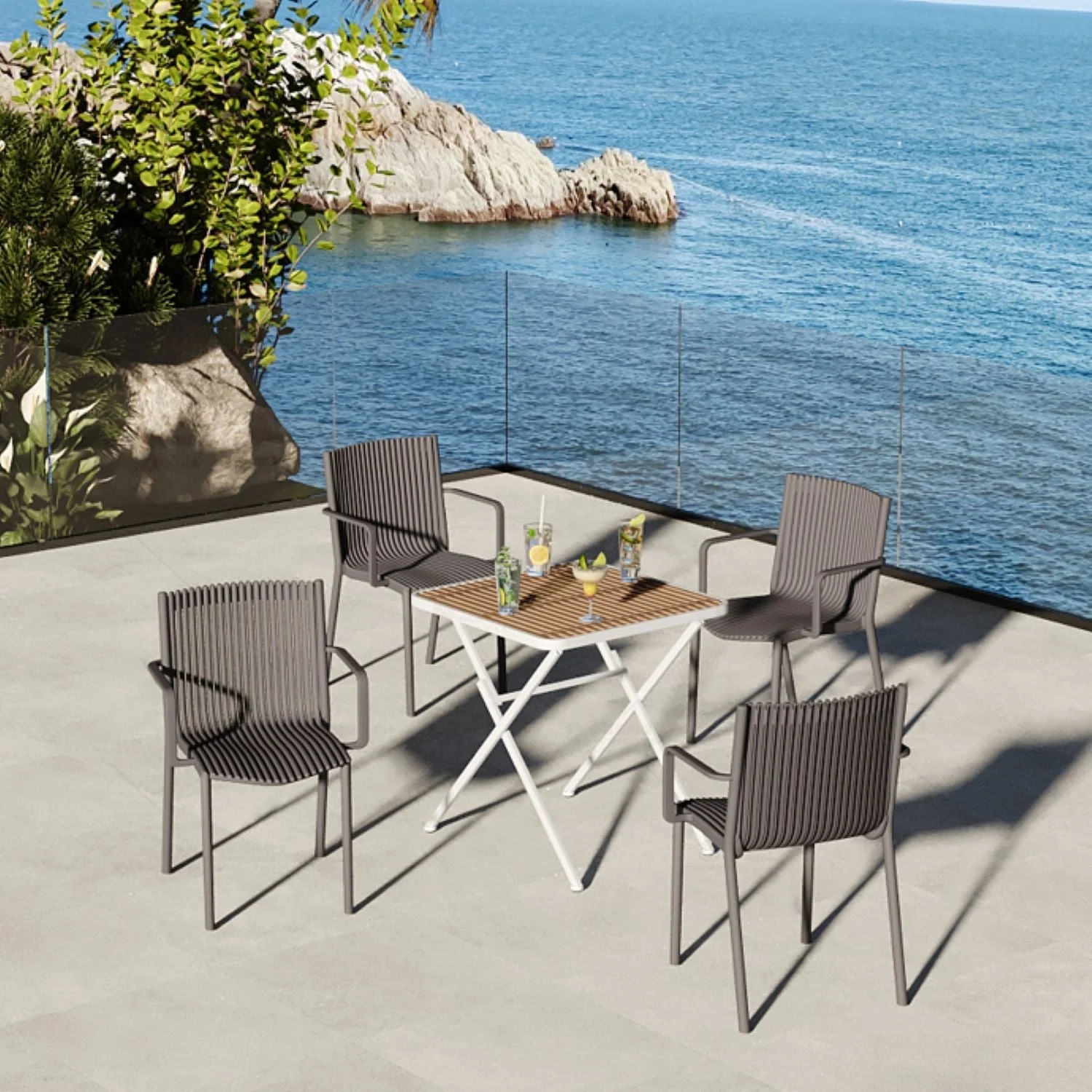 4 Piece Stackable Single Chairs With Vertical Stripe Design For All Weather - Image 8
