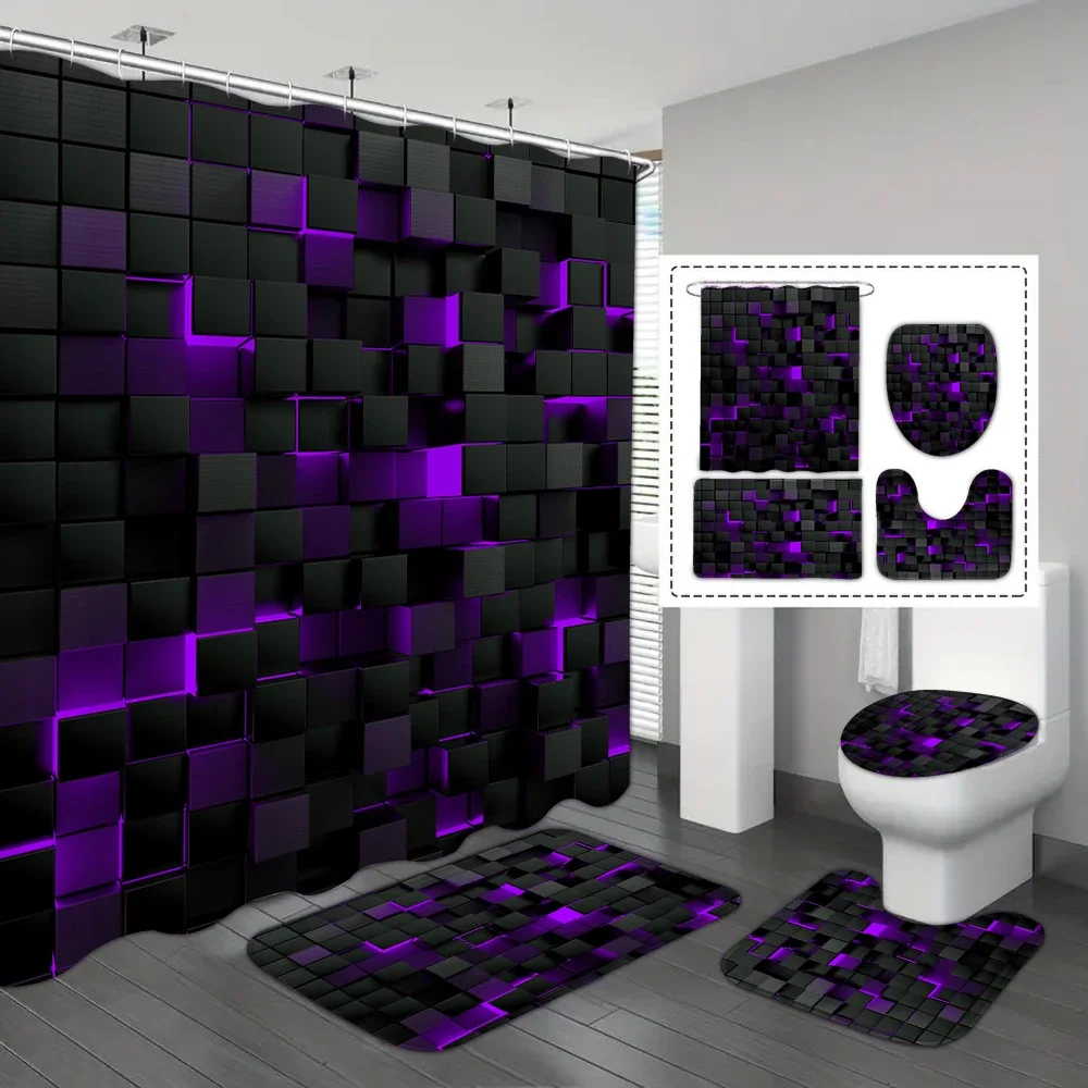 4-Piece Waterproof Shower Curtain Set with Hooks & Bathroom Floor Mats Blue Black - Image 10