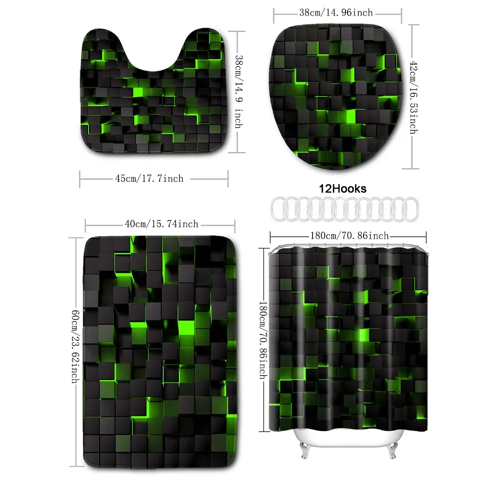 4-Piece Waterproof Shower Curtain Set with Hooks & Bathroom Floor Mats Blue Black - Image 2