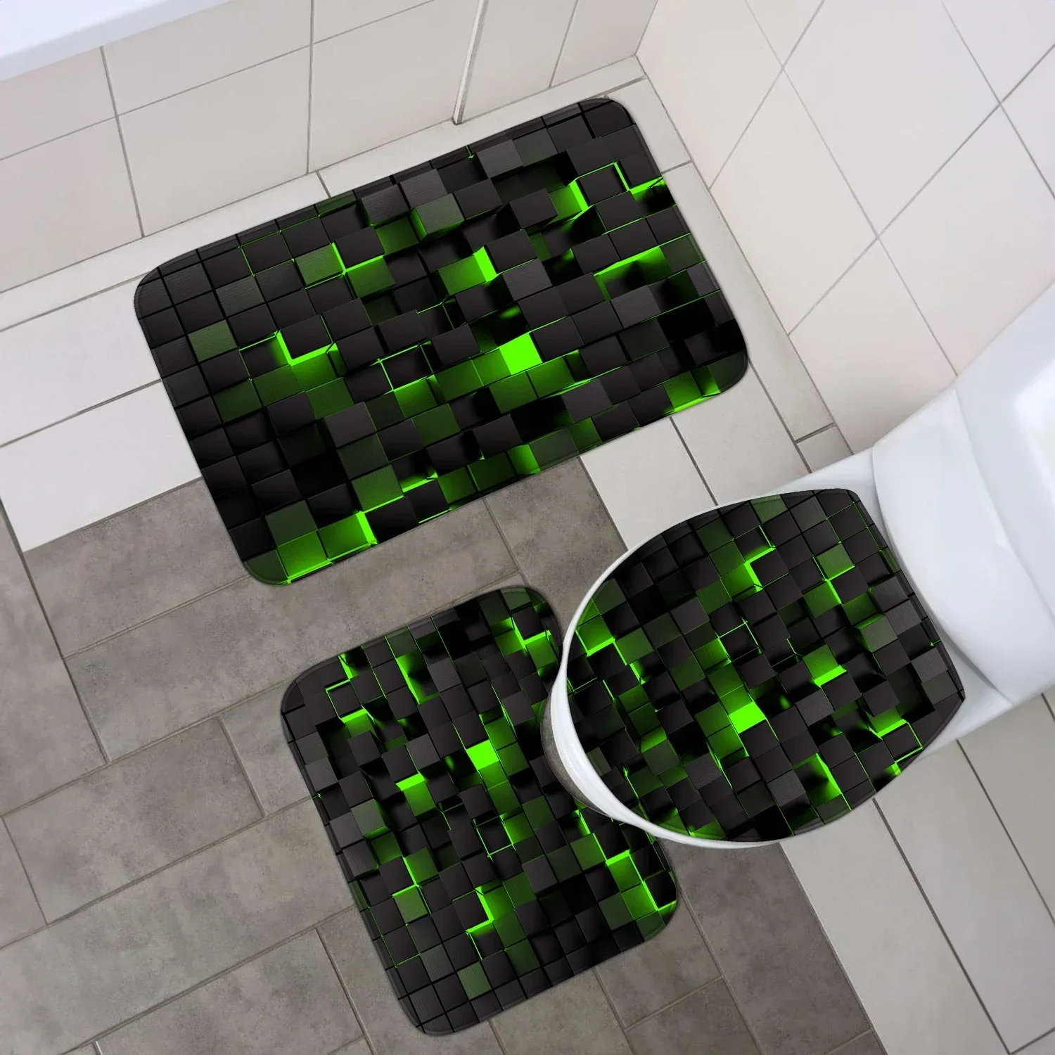 4-Piece Waterproof Shower Curtain Set with Hooks & Bathroom Floor Mats Blue Black - Image 3