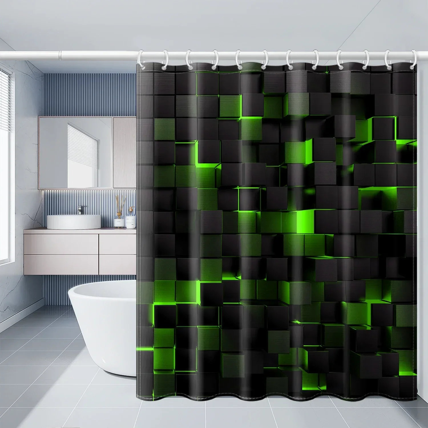 4-Piece Waterproof Shower Curtain Set with Hooks & Bathroom Floor Mats Blue Black - Image 4