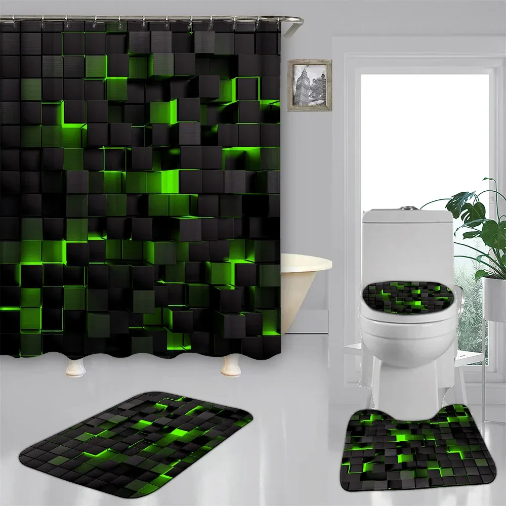 4-Piece Waterproof Shower Curtain Set with Hooks & Bathroom Floor Mats Blue Black - Image 5
