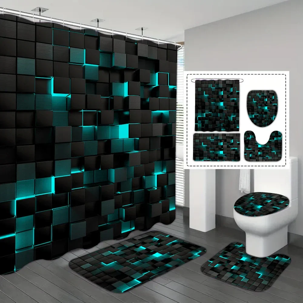 4-Piece Waterproof Shower Curtain Set with Hooks & Bathroom Floor Mats Blue Black - Image 7