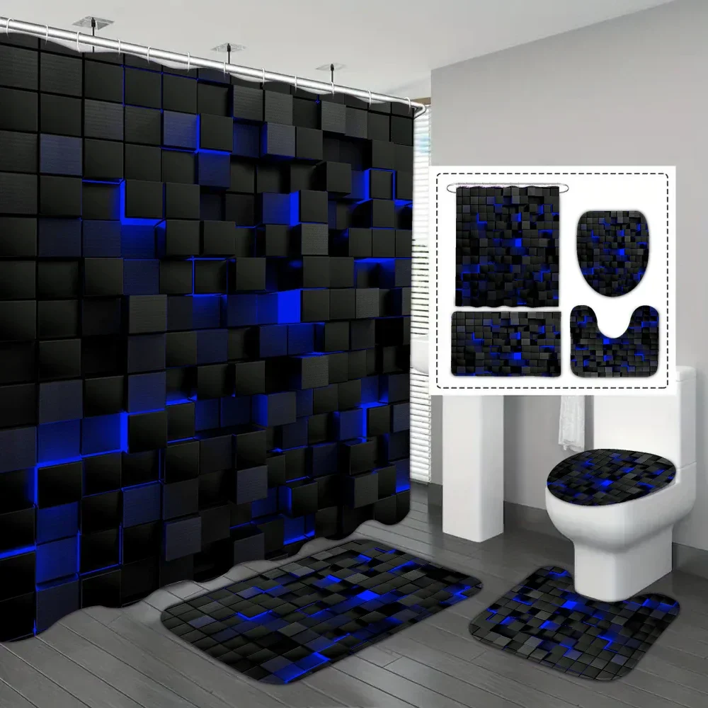4-Piece Waterproof Shower Curtain Set with Hooks & Bathroom Floor Mats Blue Black - Image 8