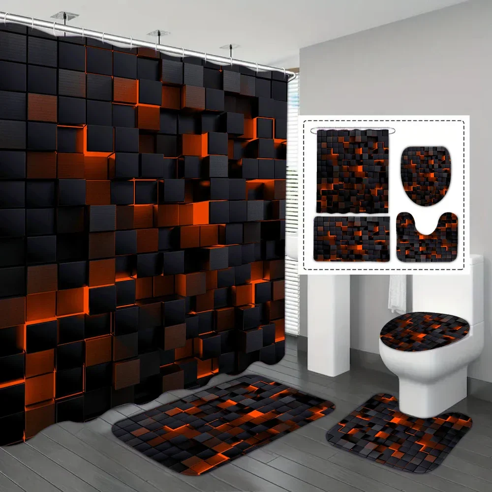 4-Piece Waterproof Shower Curtain Set with Hooks & Bathroom Floor Mats Blue Black - Image 9
