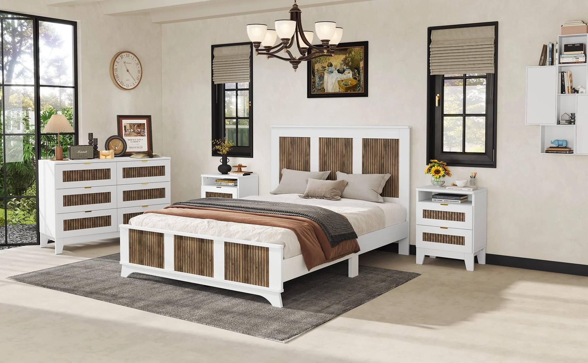 4-Pieces Bedroom Sets, Queen Size Farmhouse Platform Bed with Storage - Image 17