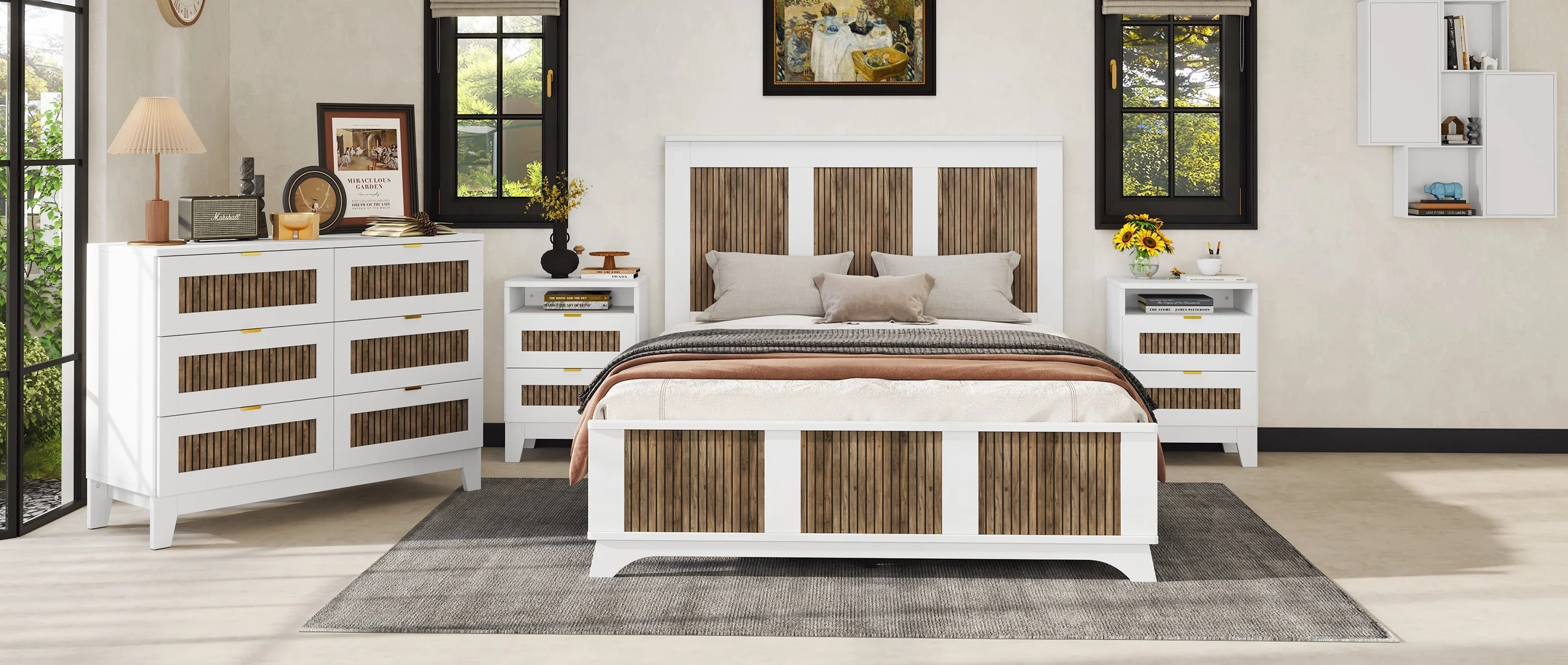 4-Pieces Bedroom Sets, Queen Size Farmhouse Platform Bed with Storage - Image 18