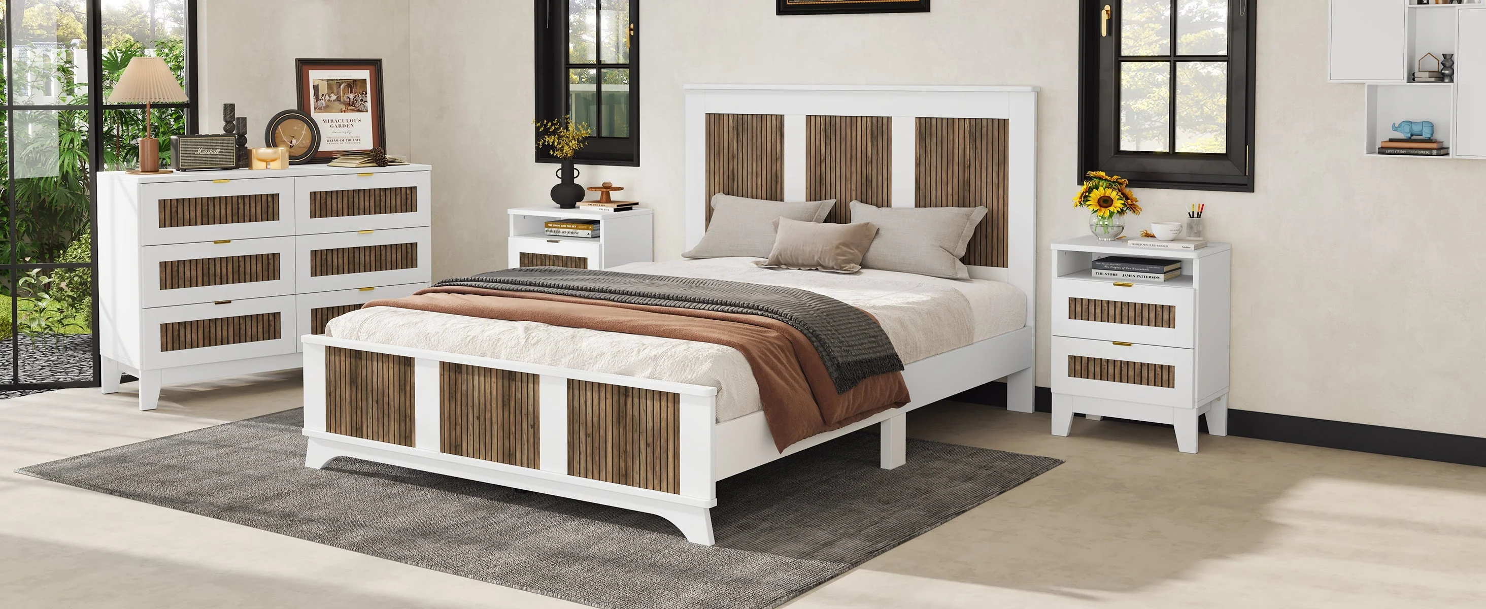 4-Pieces Bedroom Sets, Queen Size Farmhouse Platform Bed with Storage - Image 19