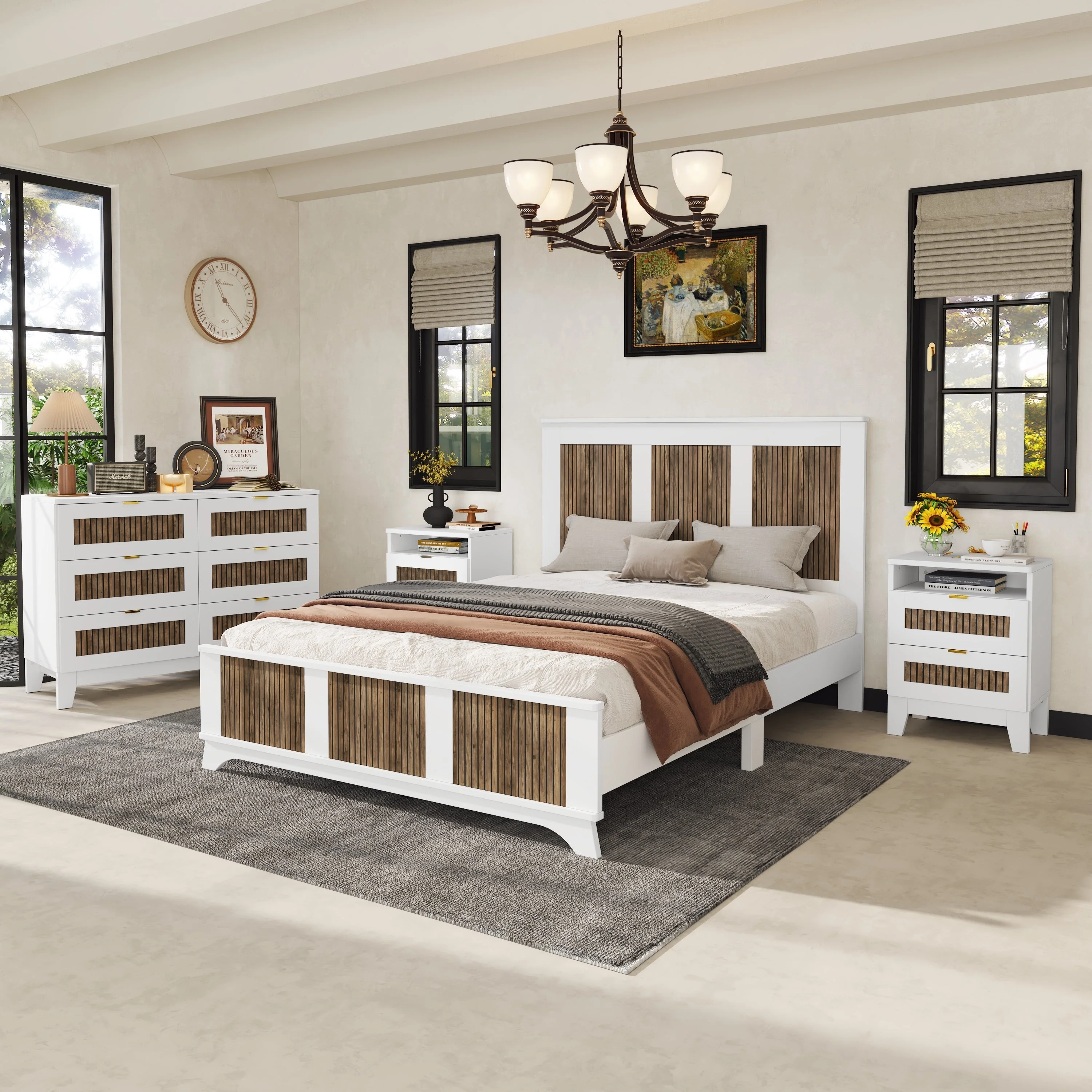4-Pieces Bedroom Sets, Queen Size Farmhouse Platform Bed with Storage - Image 2