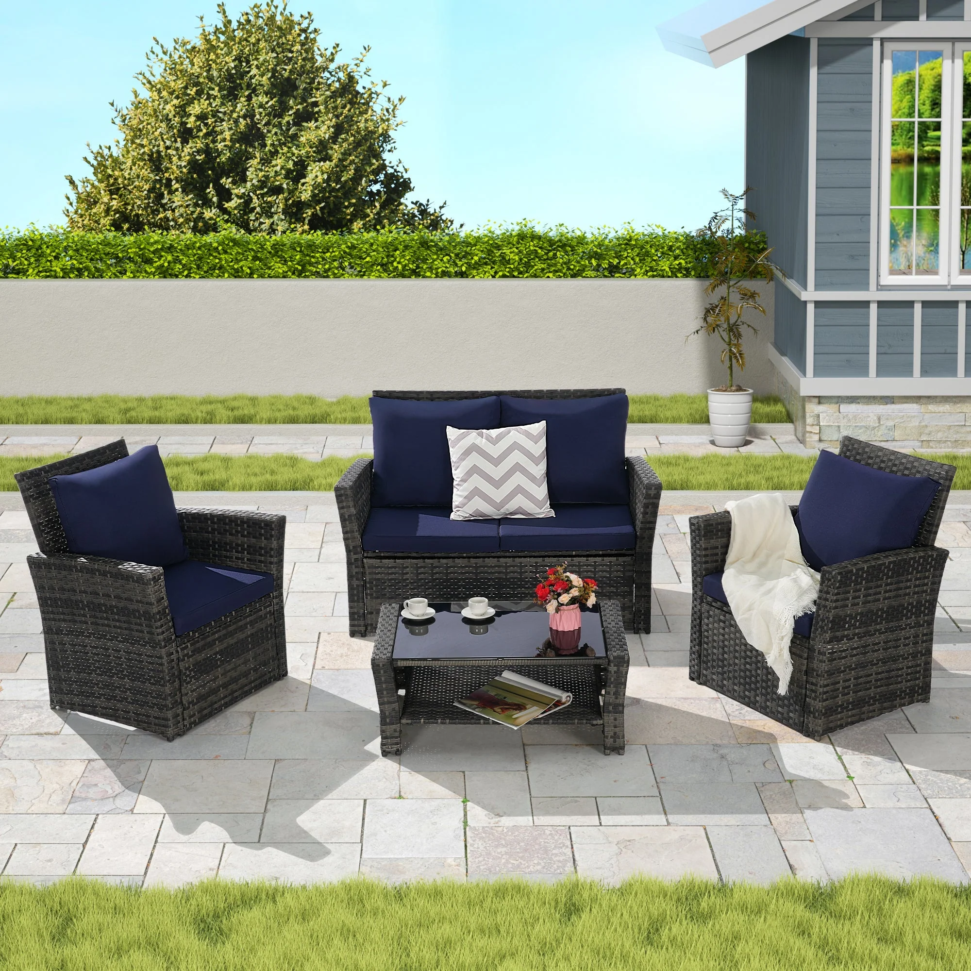 4 Pieces Outdoor Patio Furniture Set with Rattan Chairs and Tempered Glass Table - Image 2