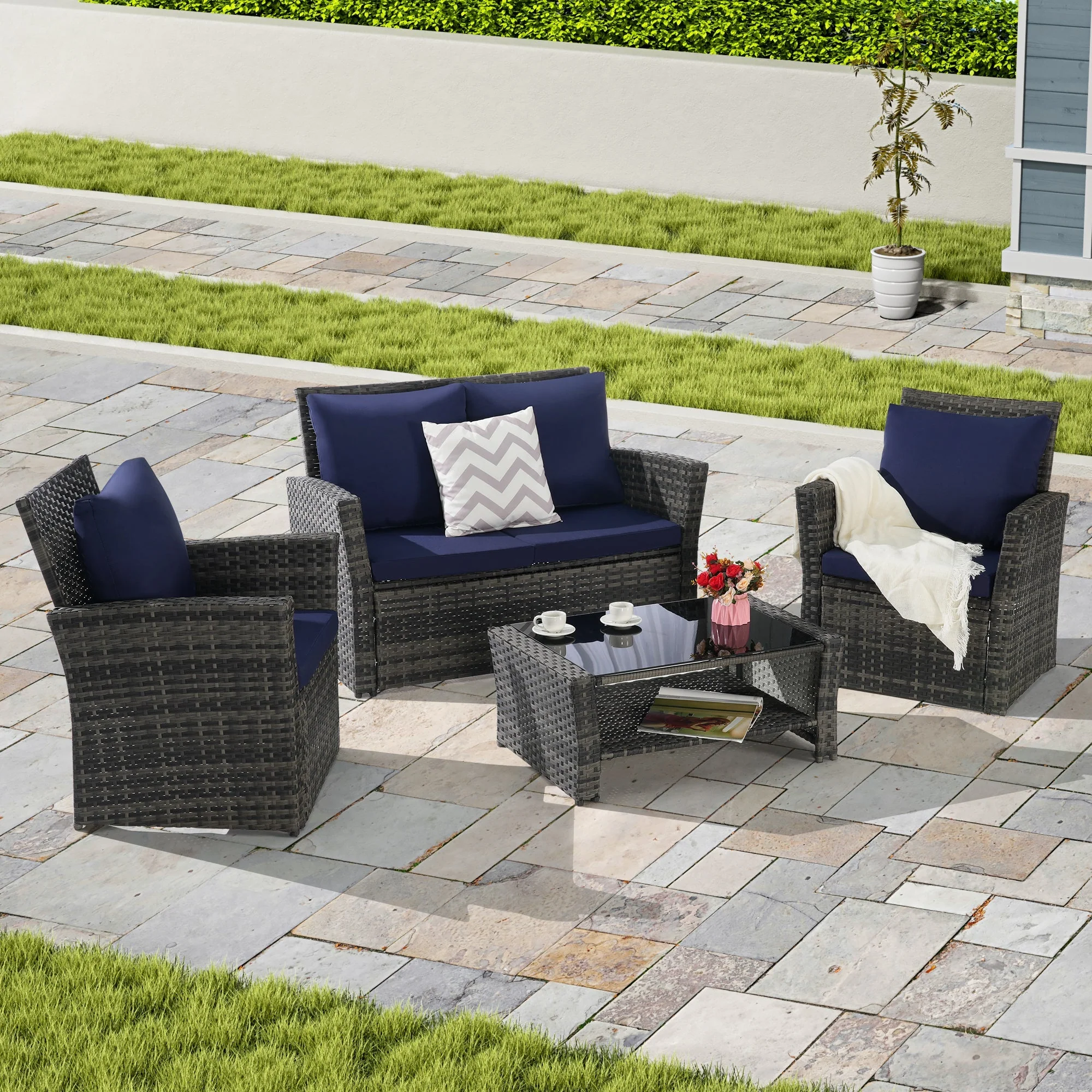4 Pieces Outdoor Patio Furniture Set with Rattan Chairs and Tempered Glass Table - Image 3