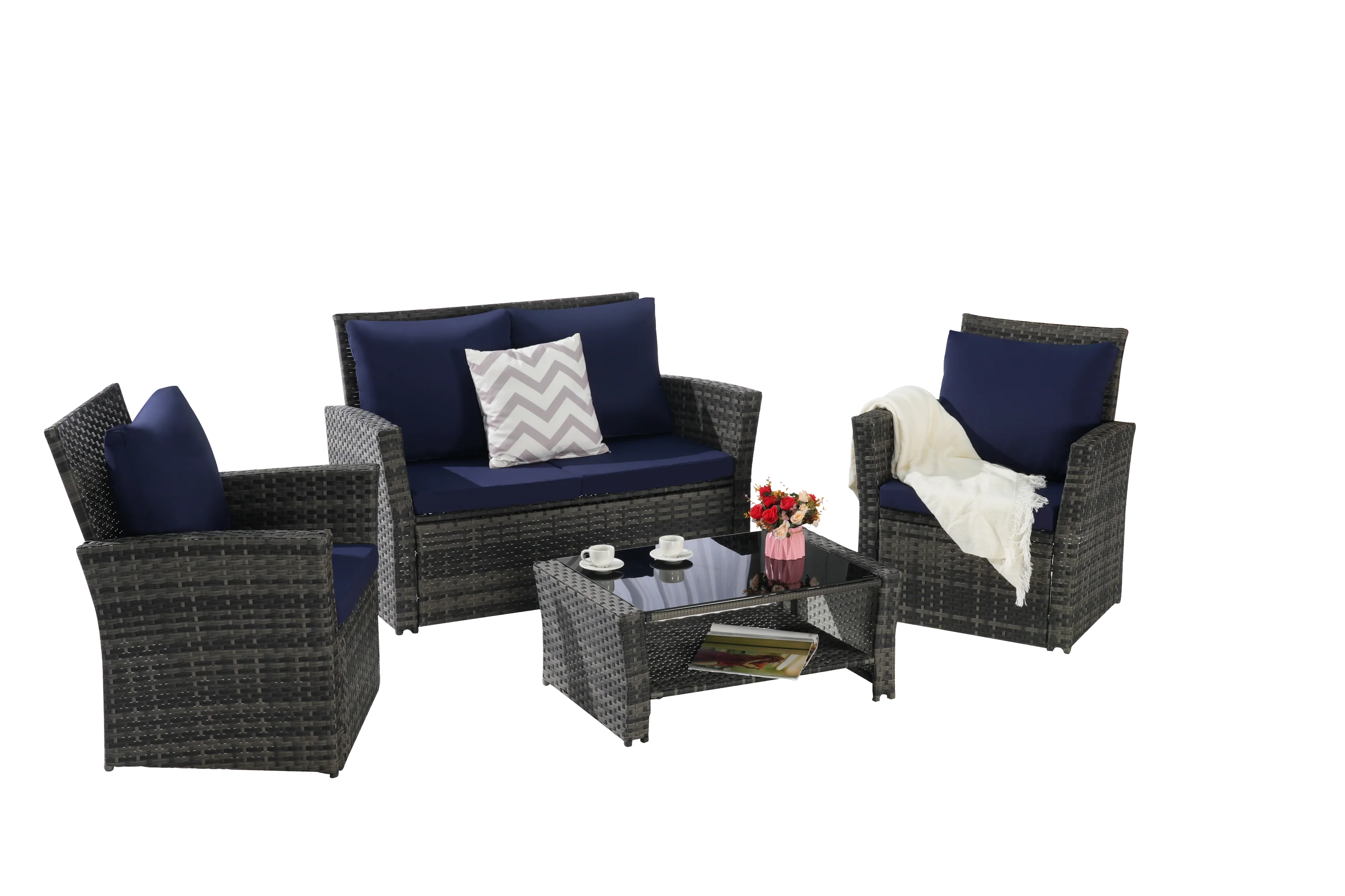 4 Pieces Outdoor Patio Furniture Set with Rattan Chairs and Tempered Glass Table - Image 4
