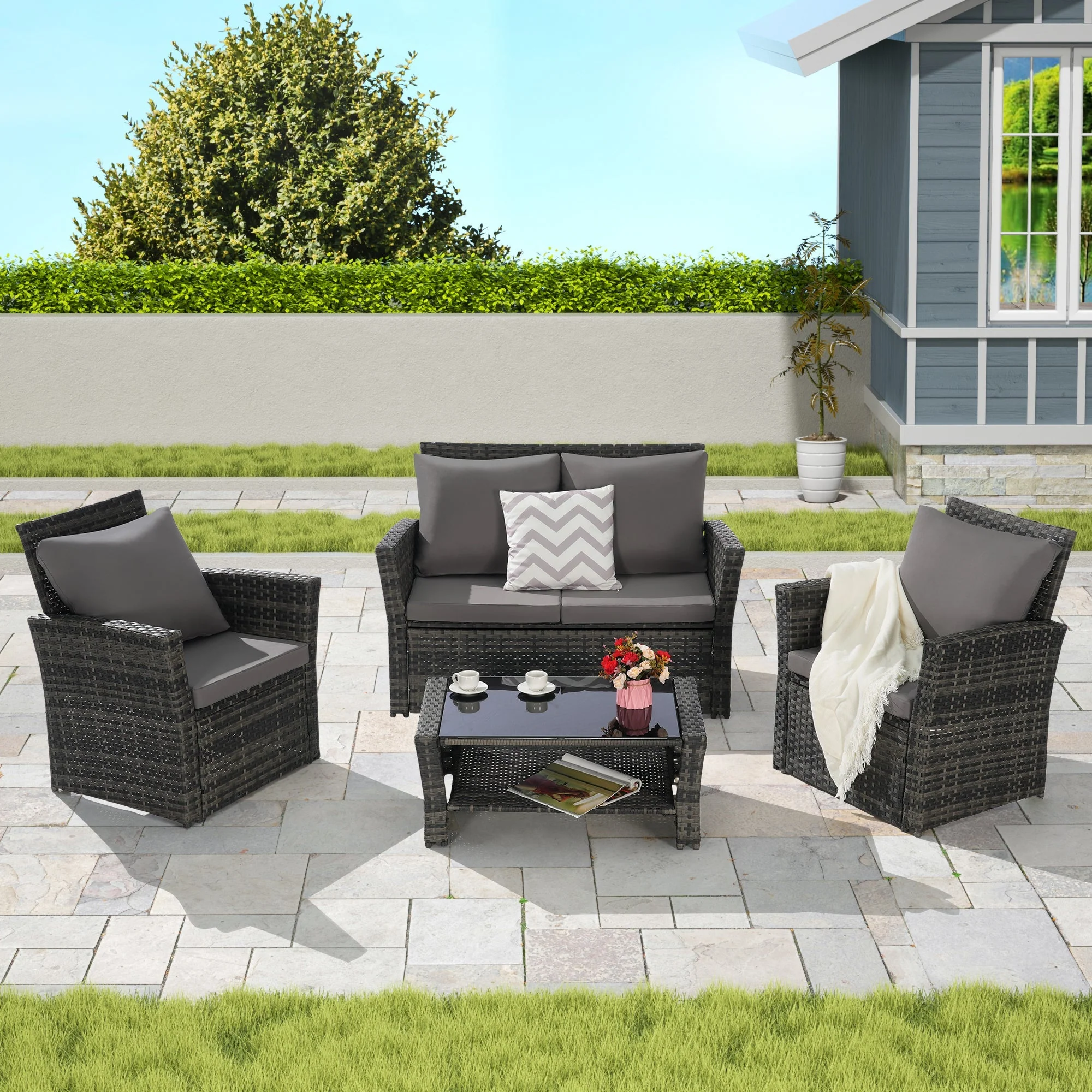 4 Pieces Outdoor Patio Furniture Sets Garden Rattan Chair Wicker Set - Image 2