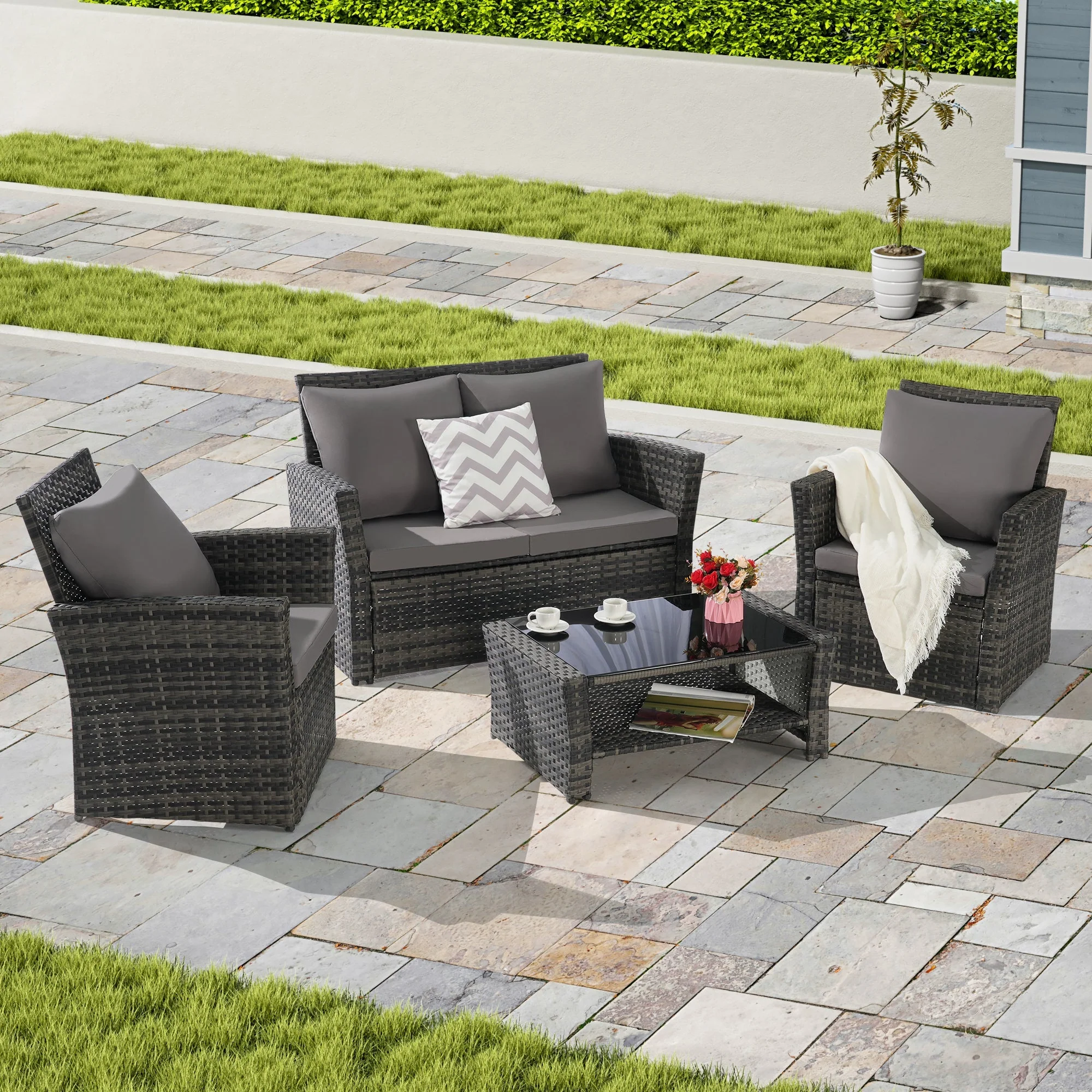 4 Pieces Outdoor Patio Furniture Sets Garden Rattan Chair Wicker Set - Image 3
